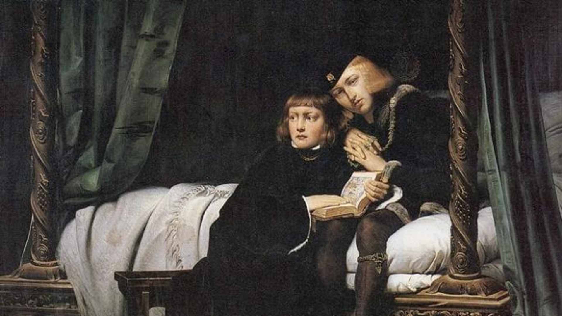 The Young Princes in the Tower', 1831. Edward V (1470-1483) and his younger brother Richard, Duke of York (1473-1483), the Princes in the Tower. Edward succeeded his father, Edward IV, as King in April 1483. He was deposed in June and was succeeded by his uncle, Richard, Duke of Gloucester, who ruled as Richard III. The two young princes were subsequently imprisoned and murdered in the Tower of London. After a painting by Hippolyte De La Roche (1797-1856), commonly known as Paul Delaroche. From the Connoisseur VOL. XXVII, 1910. (Photo by The Print Collector/Print Collector/Getty Images)