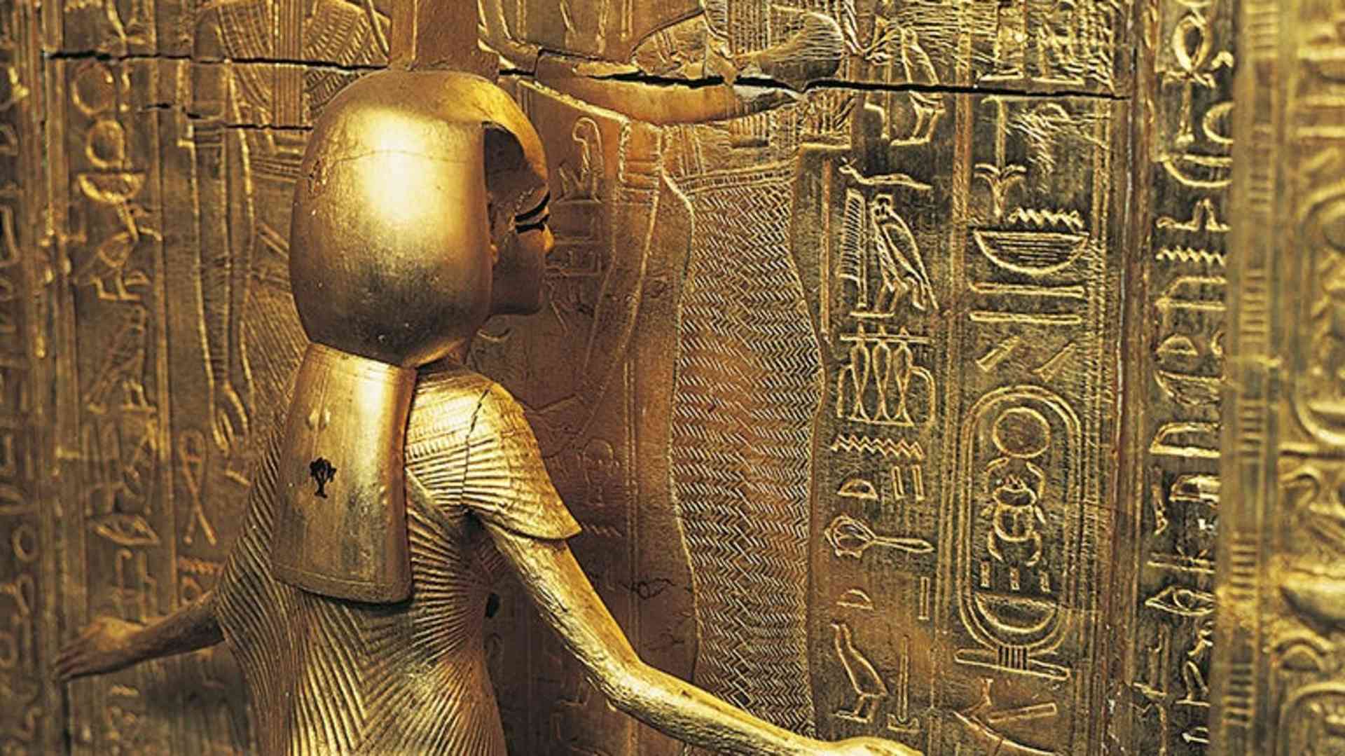The gilded shrine of canopic jars or canopic chest from King Tut's tomb. This detail shows the goddess Selket.