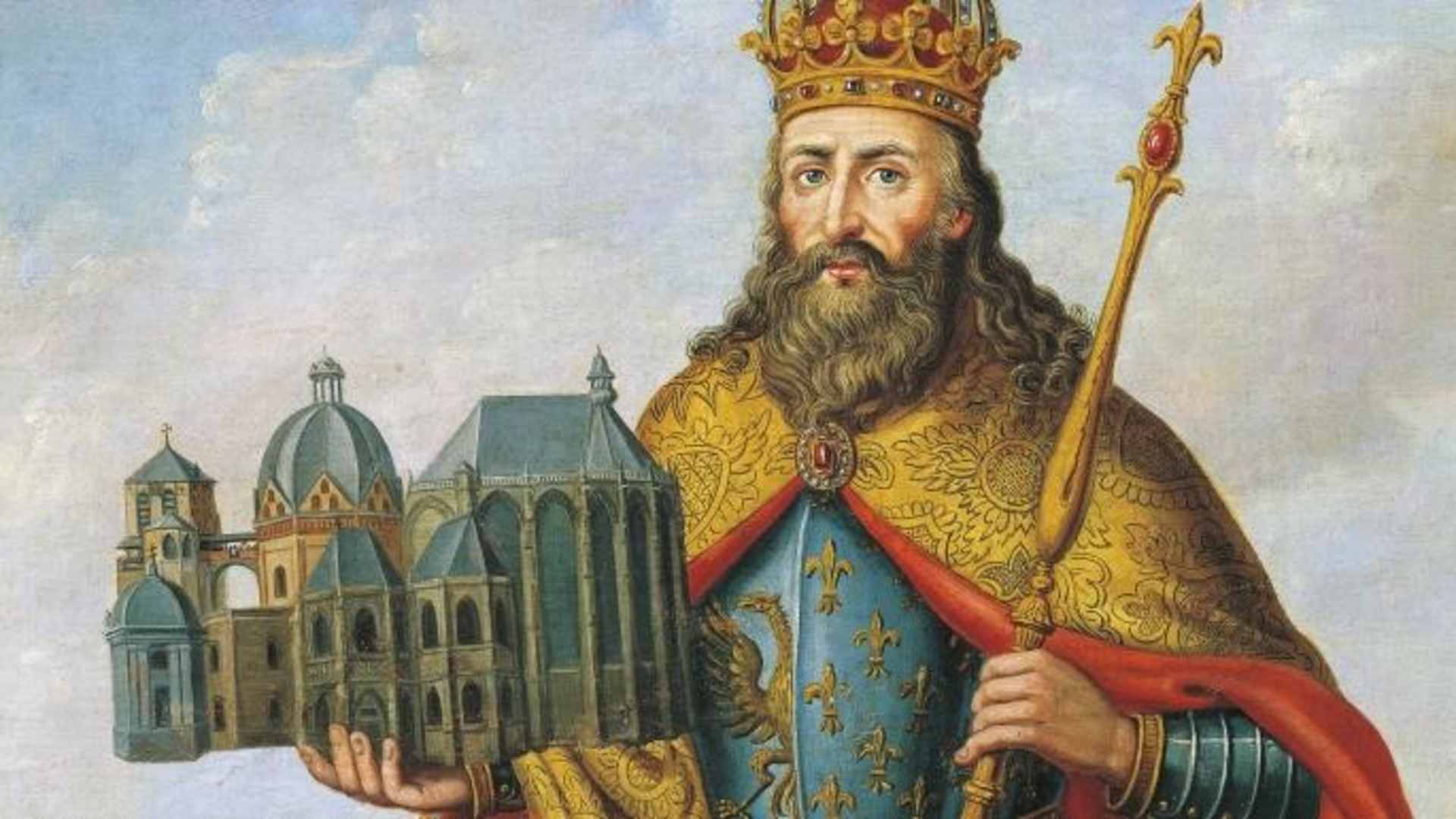 UNSPECIFIED - DECEMBER 16: Portrait of Charlemagne (742 - Aachen, 814), King of the Franks and Lombards and Emperor of the Holy Roman Empire, standing with a model of the Palatine Chapel, detail. Painting by Caspar Johann Nepomuk Scheuren (1810-1887), 1825. Detail. Aachen, Centre Charlemagne, Neues Stadtmuseum (Photo by DeAgostini/Getty Images)