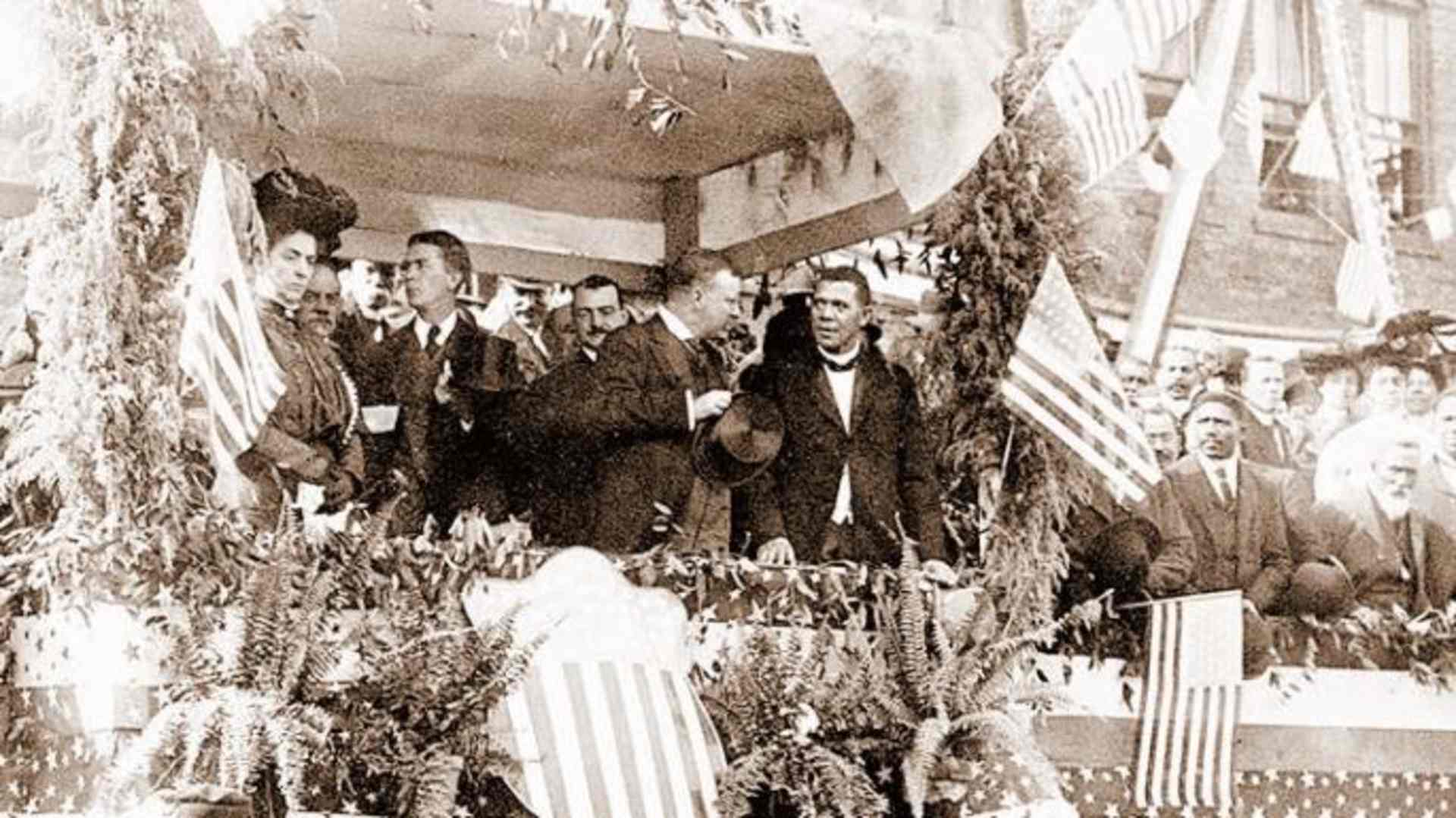 Washington and Theodore Roosevelt at Tuskegee Institute, 1905.