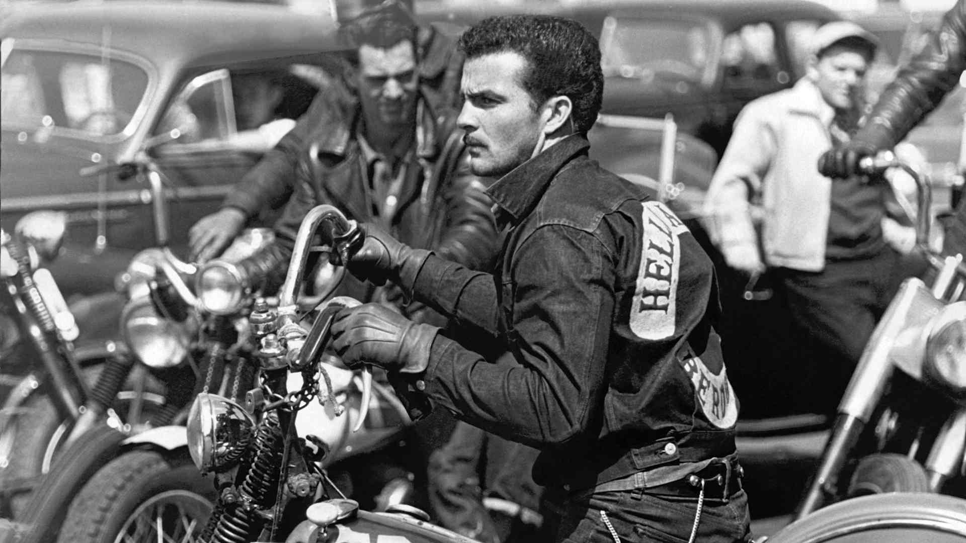A Hell's Angel from San Bernardino on his motorcycle at a gathering, San Francisco, California, mid 1950s.