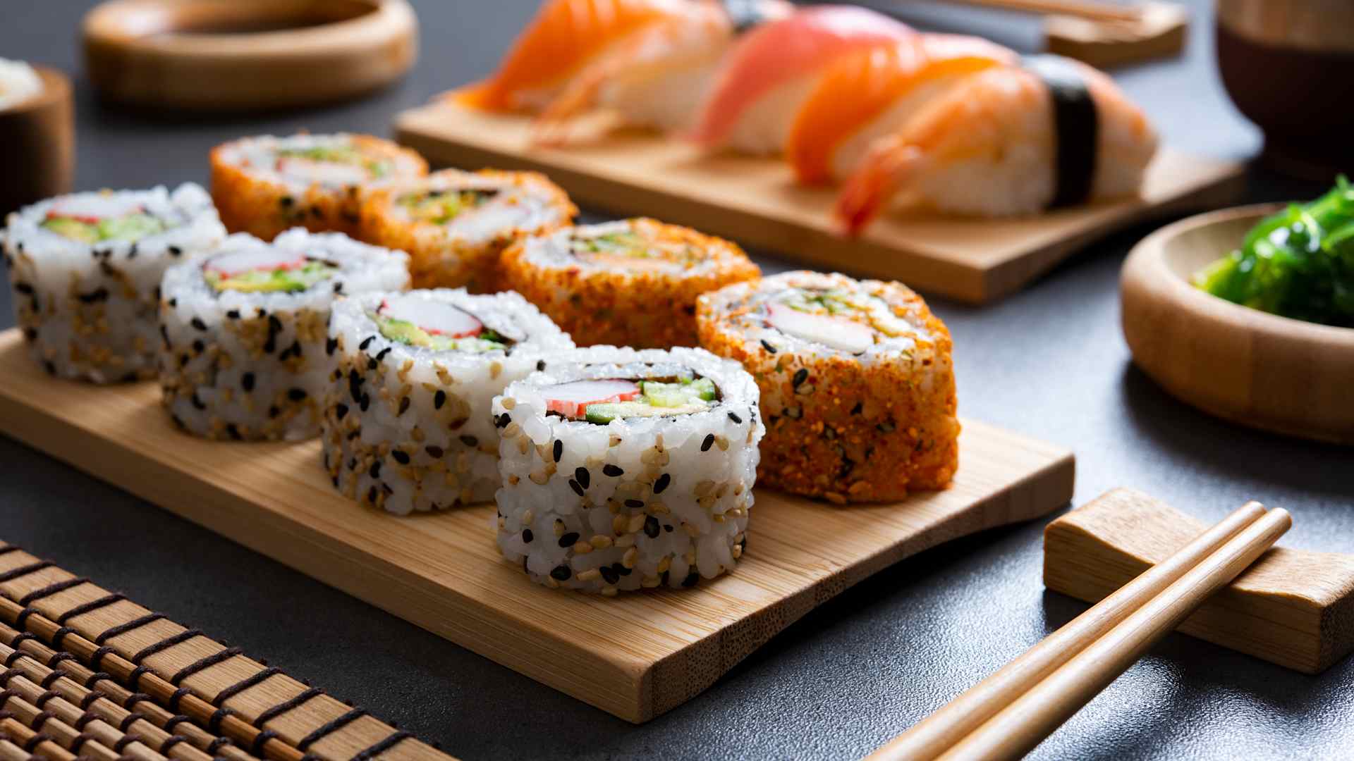 Sushi set on bamboo plate