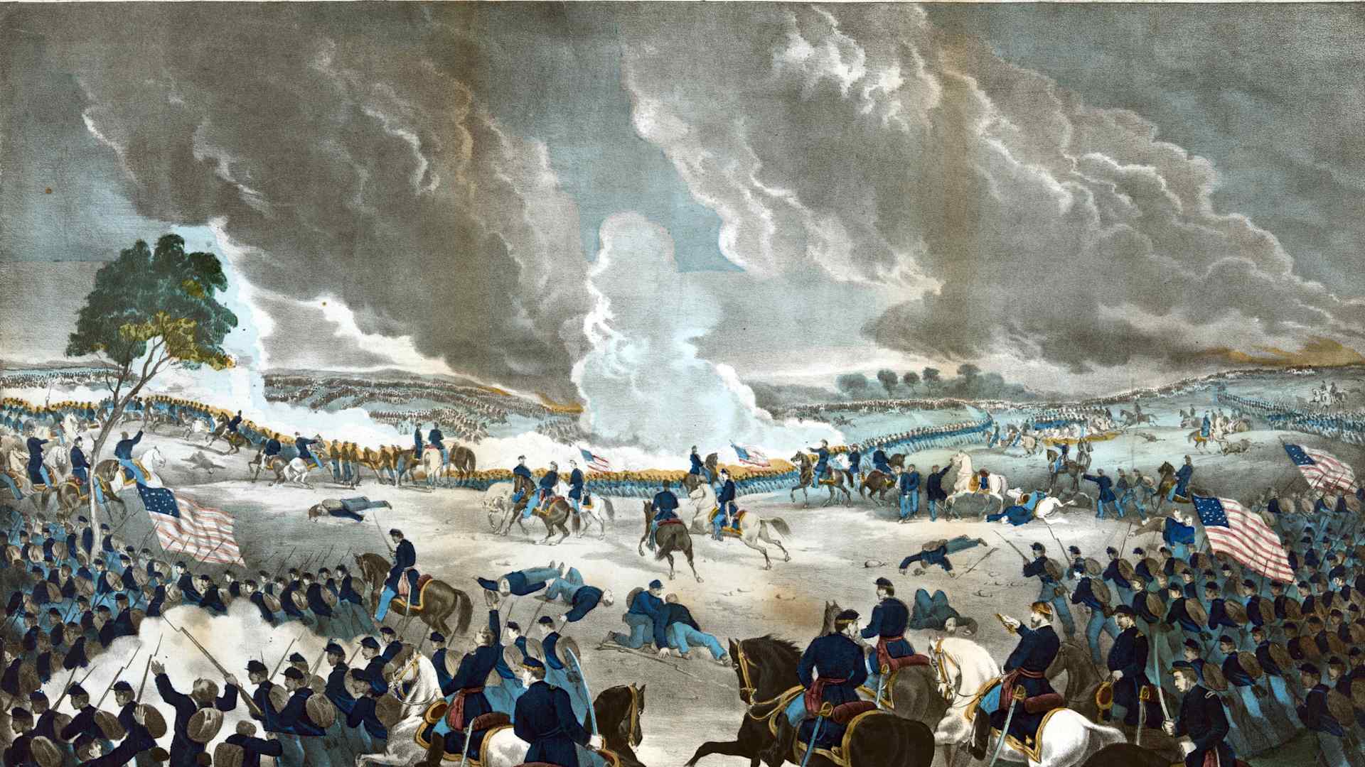 American Civil War 1861-1865: Battle of Gettysburg 1-3 July 1863, ending Lee's invasion of the North. Union infantry advancing from the right. Print of 1867. Fighting Action Soldier Flag Weapon Rifle Bayonet Field Gun Fire Smoke