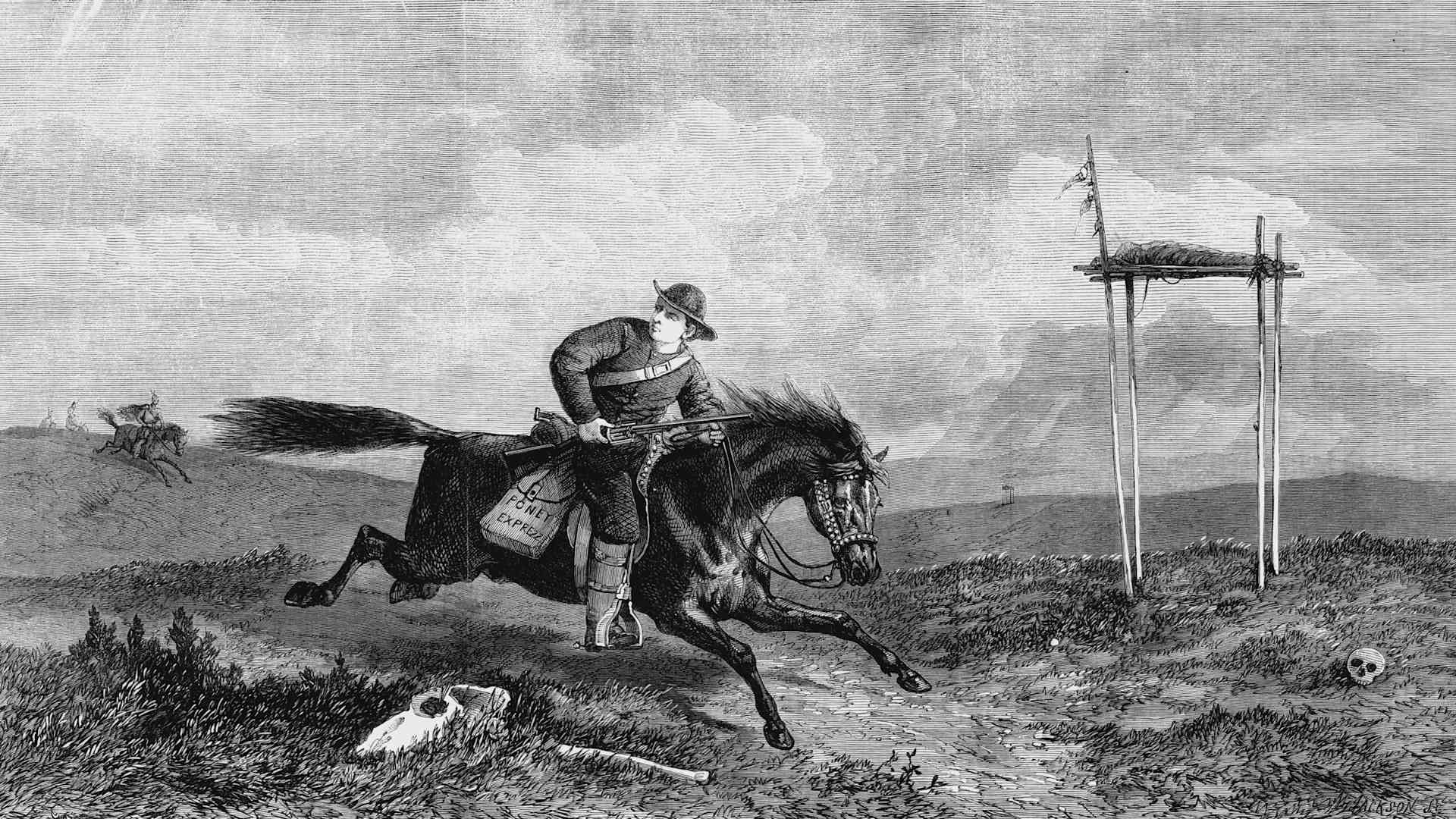 Pony Express rider crossing hostile country between St Joseph, Missouri, and San Francisco, pursued by native Americans. Horse and rider relay mail service took about 10 days to cover the 1,800 mile route and operated from April 1860 to October 1861 when 