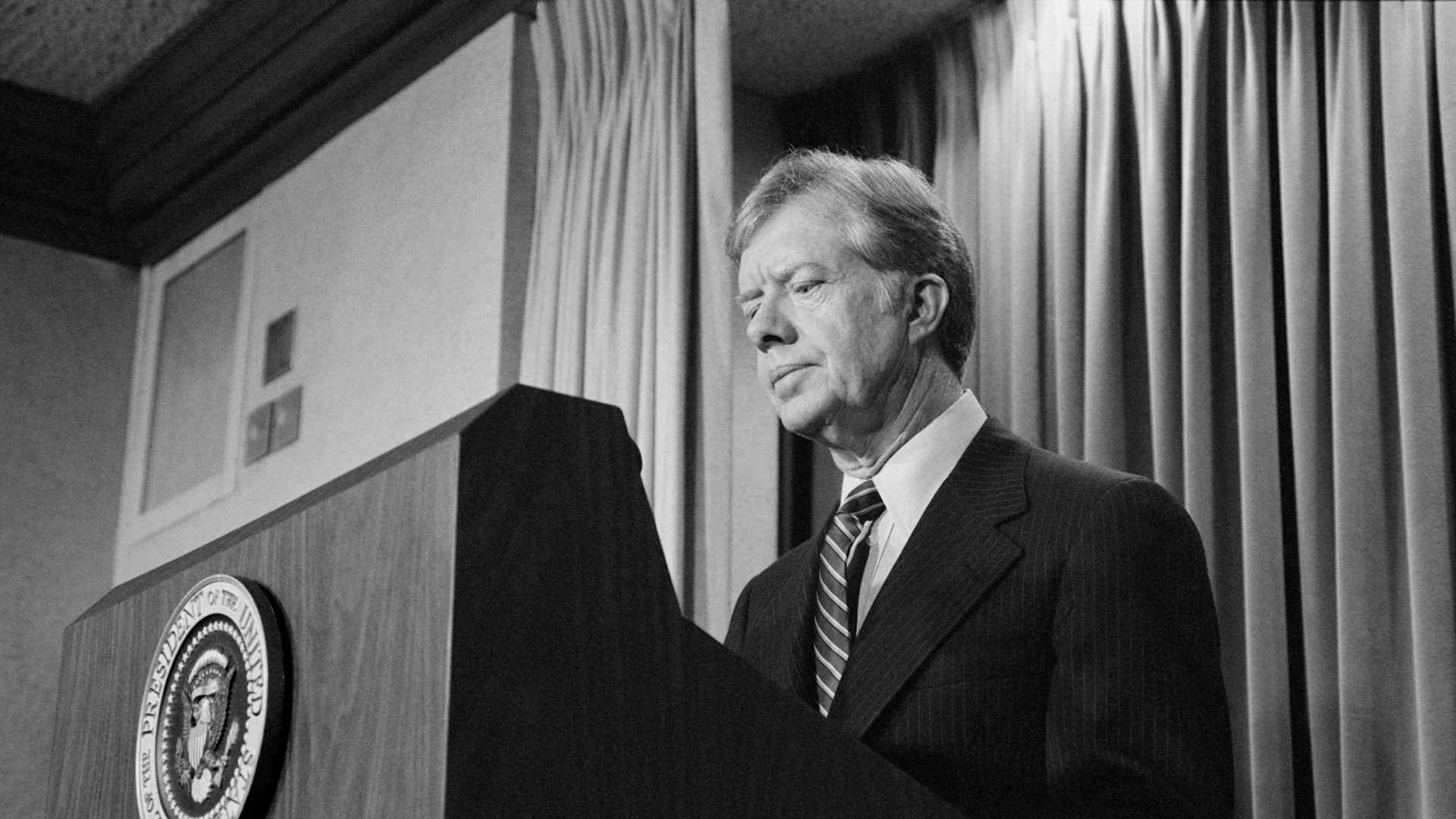 US President Jimmy Carter announces new sanctions against Iran in retaliation for taking US Hostages, Washington