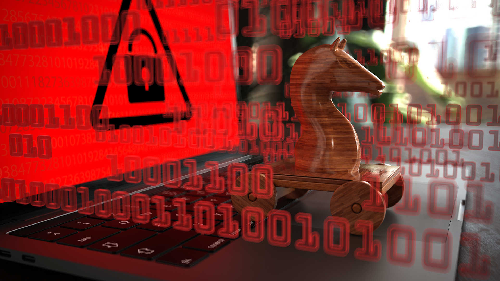 illustration of a wooden trojan horse emerging from a computer screen