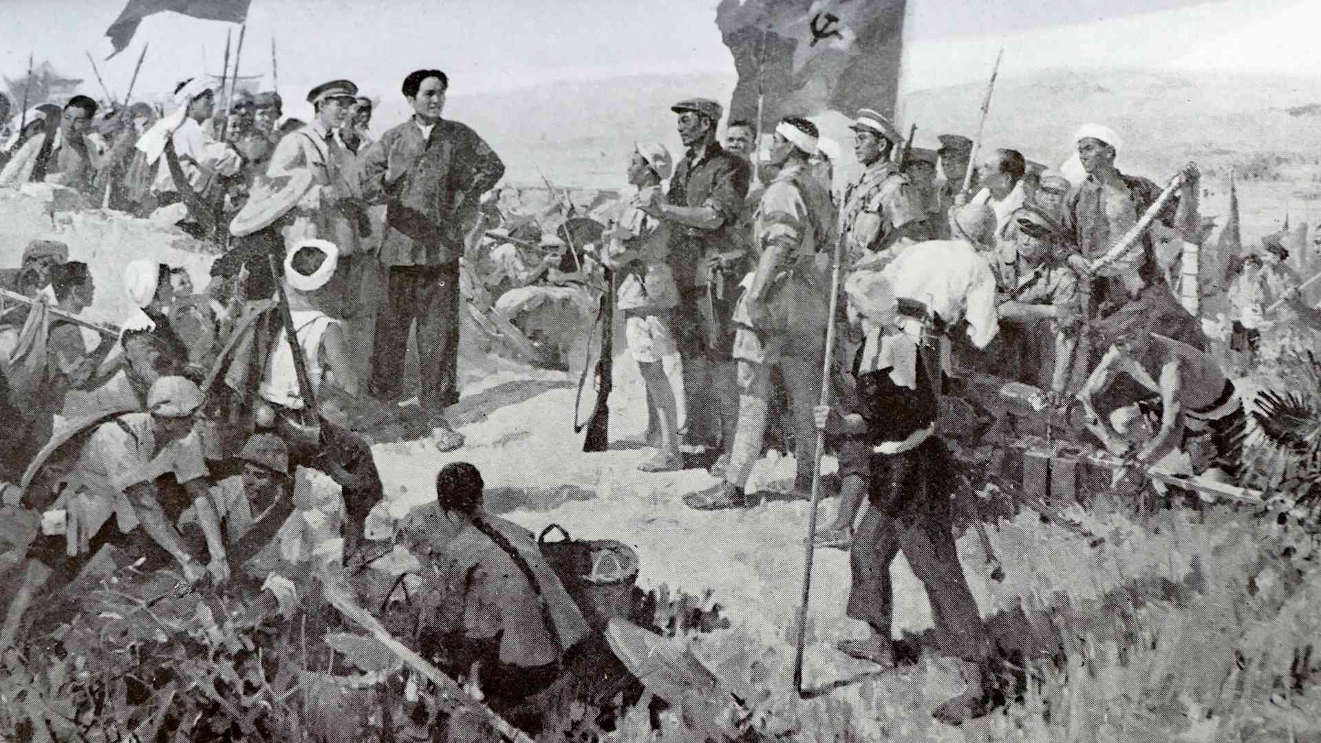 Mao Zedong with Red army soldiers on the Long March, 1935.