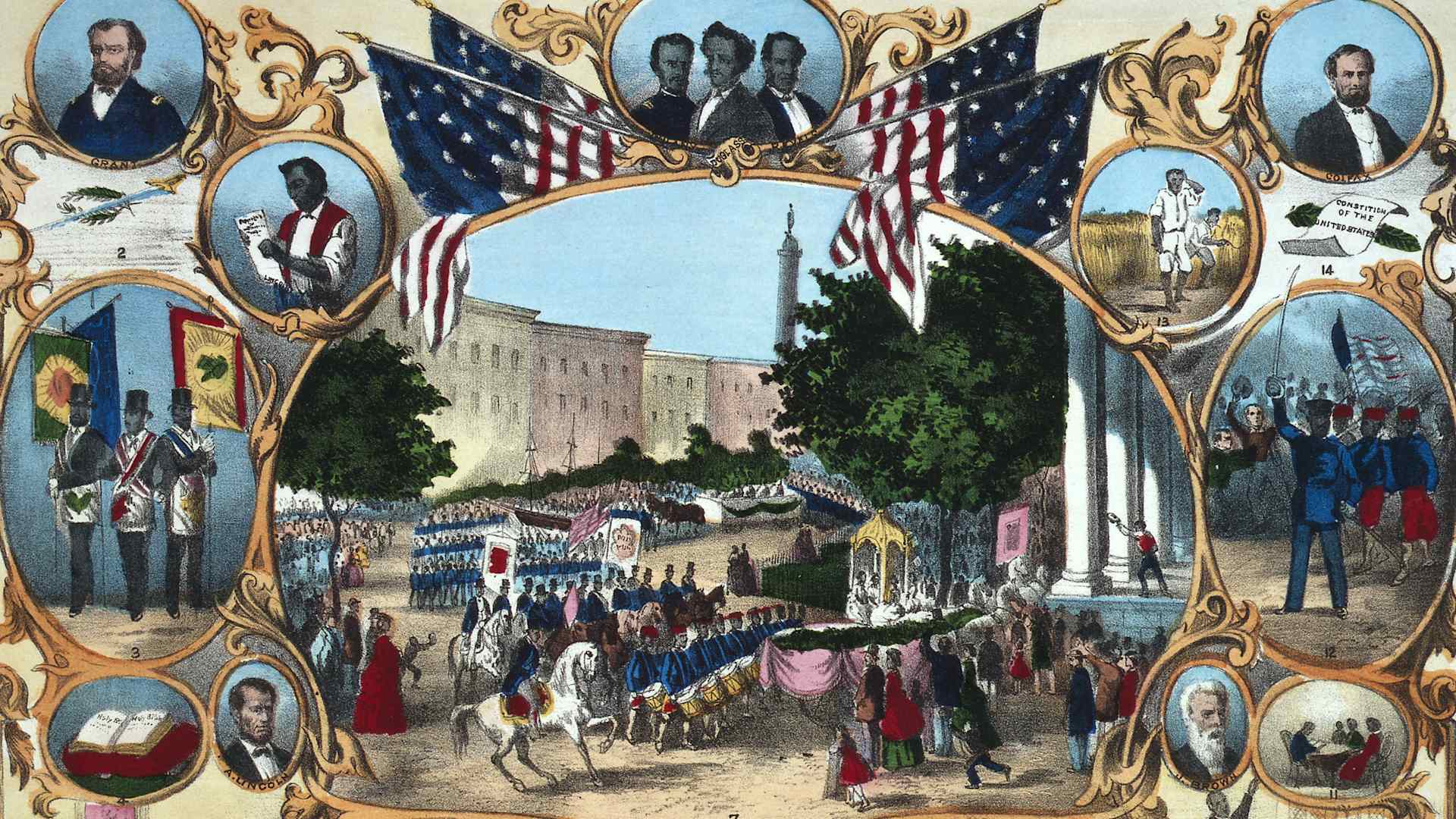 1870: A print celebrating the passage of the fifteenth amendment which made it illegal to deny a vote to anyone on racial grounds. (Photo by MPI/Getty Images)