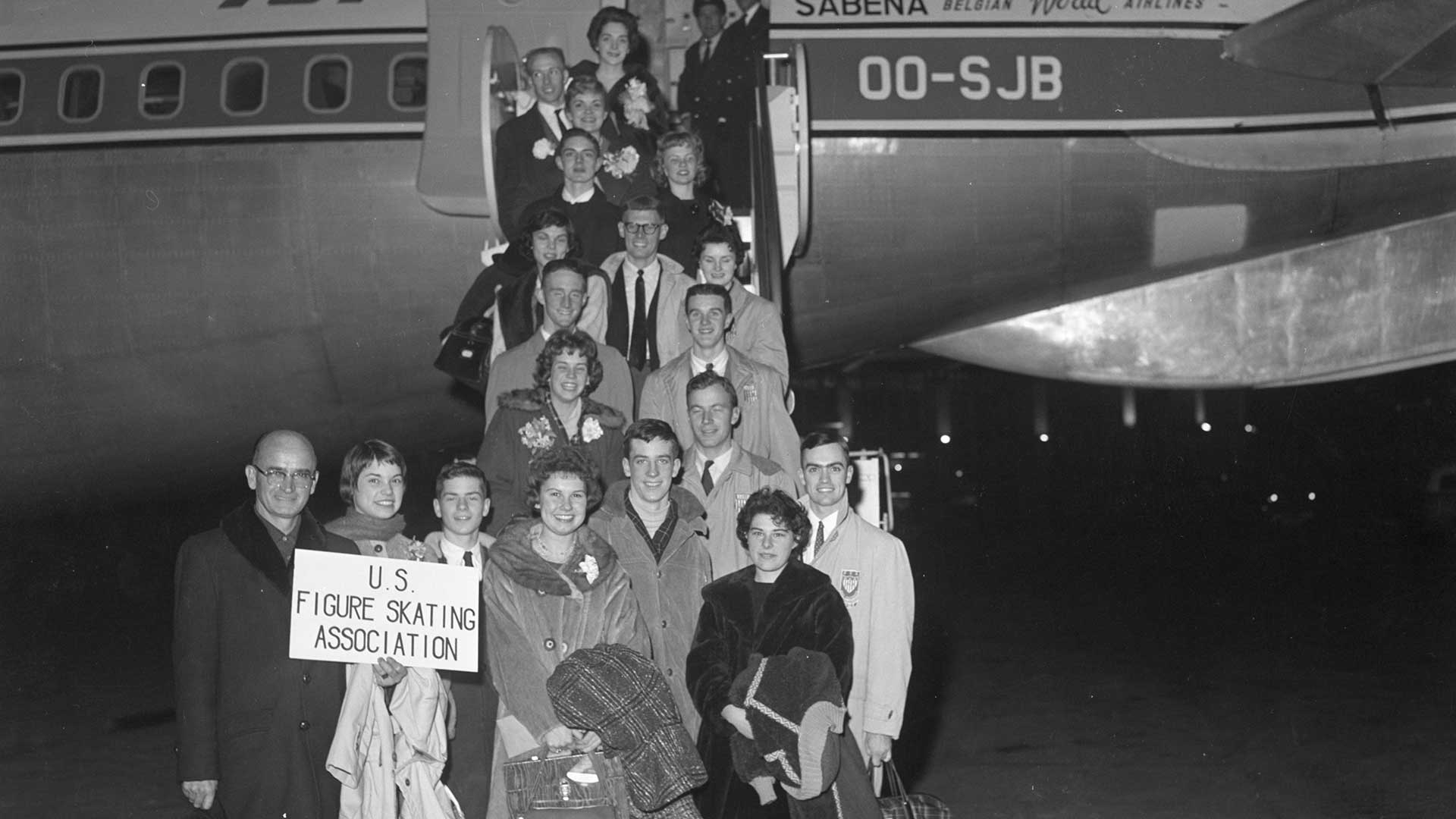 The 18 members of the U.S. figure skating team as they boarded the ill-fated flight to Brussels on February 4, 1961.