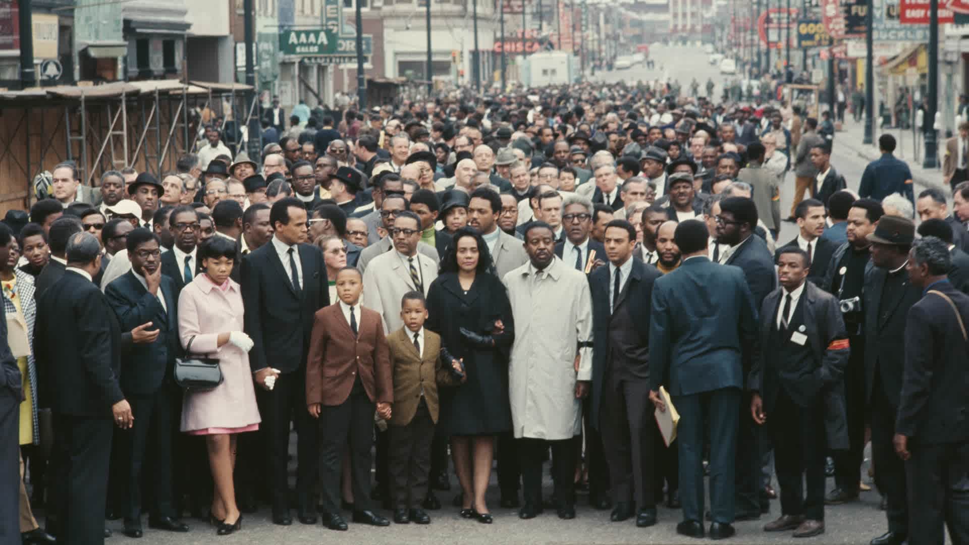 Crowds For King Crowds in Memphis, Tennessee, following the assassination of civil rights leader Martin Luther King Jr in the city, 8th April 1968. In the centre, from left to right are singer Harry Belafonte, Coretta Scott King with Jesse Jackson behind, Reverend Ralph Abernathy and Reverend Andrew Young. (Photo by Santi Visalli/Archive Photos/Getty Images)