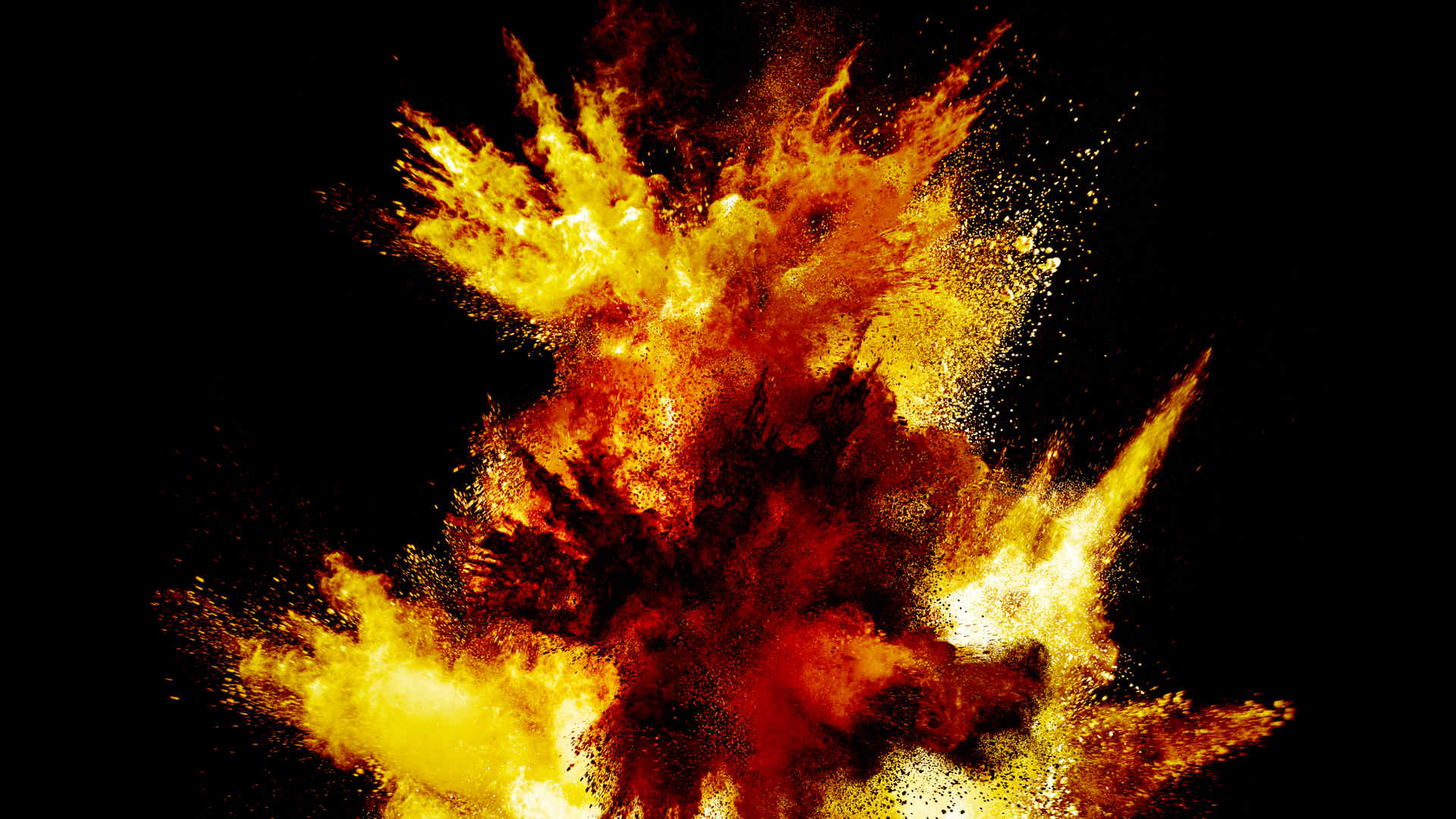 Multiple ascending explosions of smoke and fire upon impact on a black background