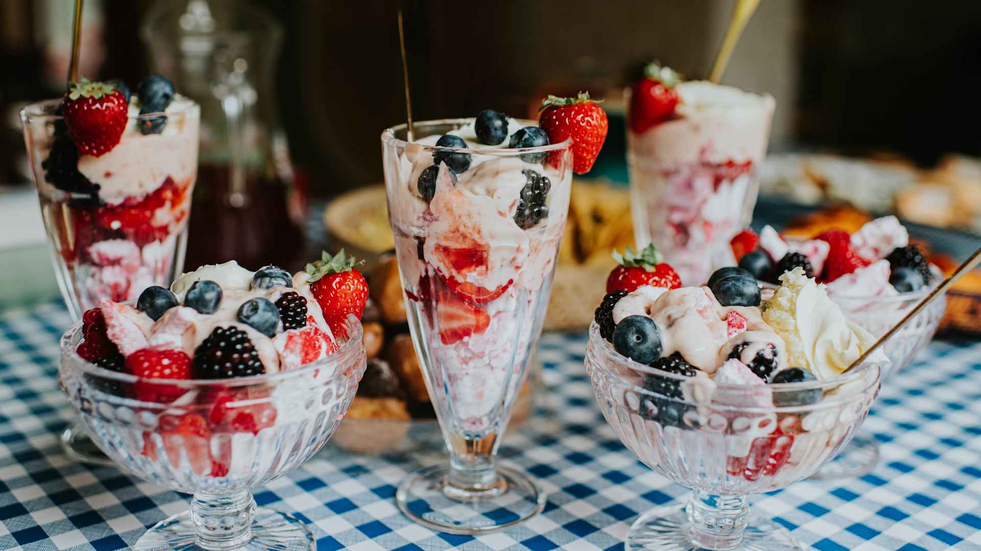 Eton mess served in dessert bowls and glasses