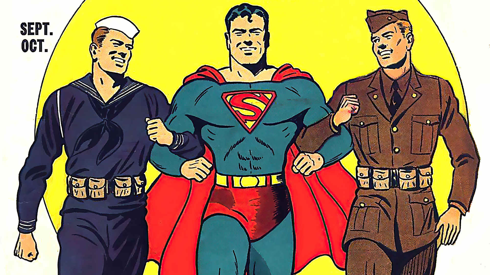 WW2 Superman - American comics magazine cover during World War II showing Superman linking arms with a soldier and sailor.