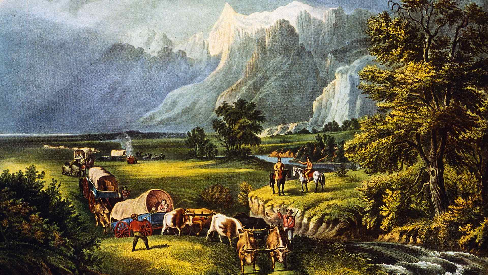 Color painting of a 19th century covered wagon train entering a valley in front of impressive mountains in the distance