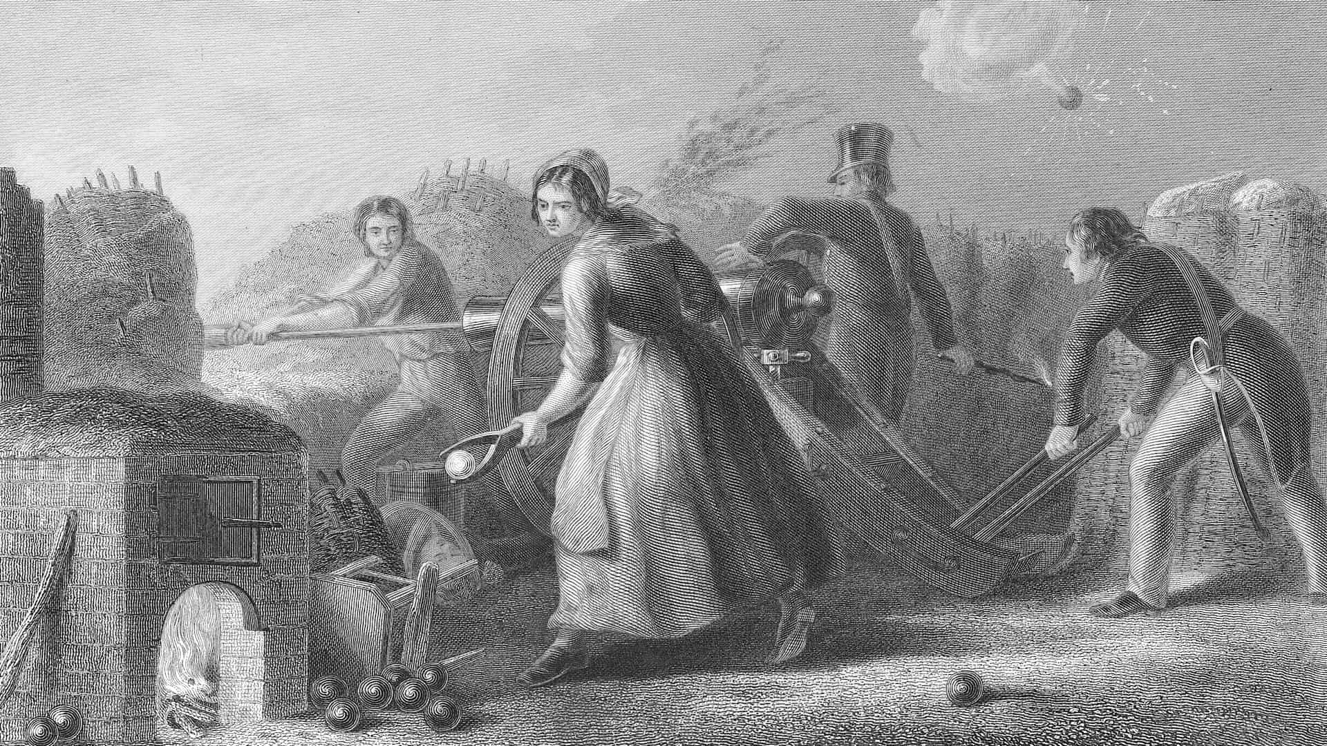 During the Battle of Fort Niagara, a pair of uniformed soldiers and two civilians (one a woman) load and fire a cannon during the War of 1812, Fort Niagara, New York, December 18, 1813. 