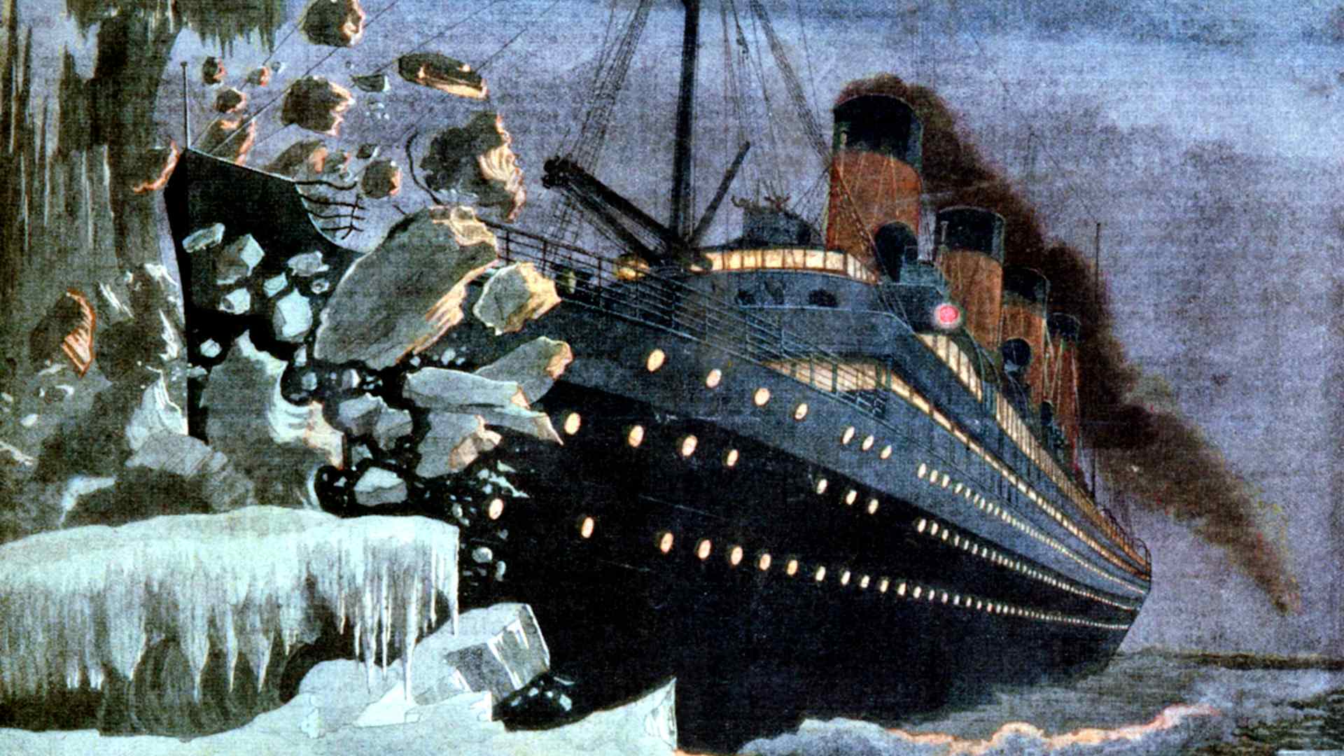 The 'Titanic' colliding with an iceberg, 1912.