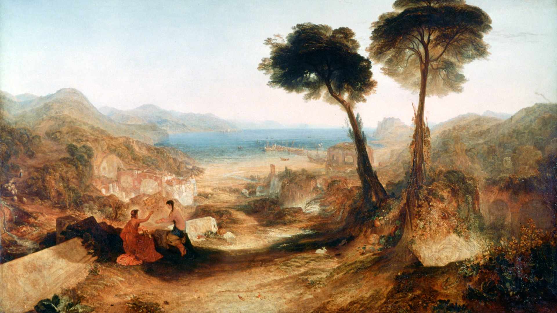 This painting by J.M.W. Turner—'The Bay of Baiae, with Apollo and the Sibyl', circa 1823—shows the ancient Roman resort of Baiae with two figures in the foreground with the water in the distance.