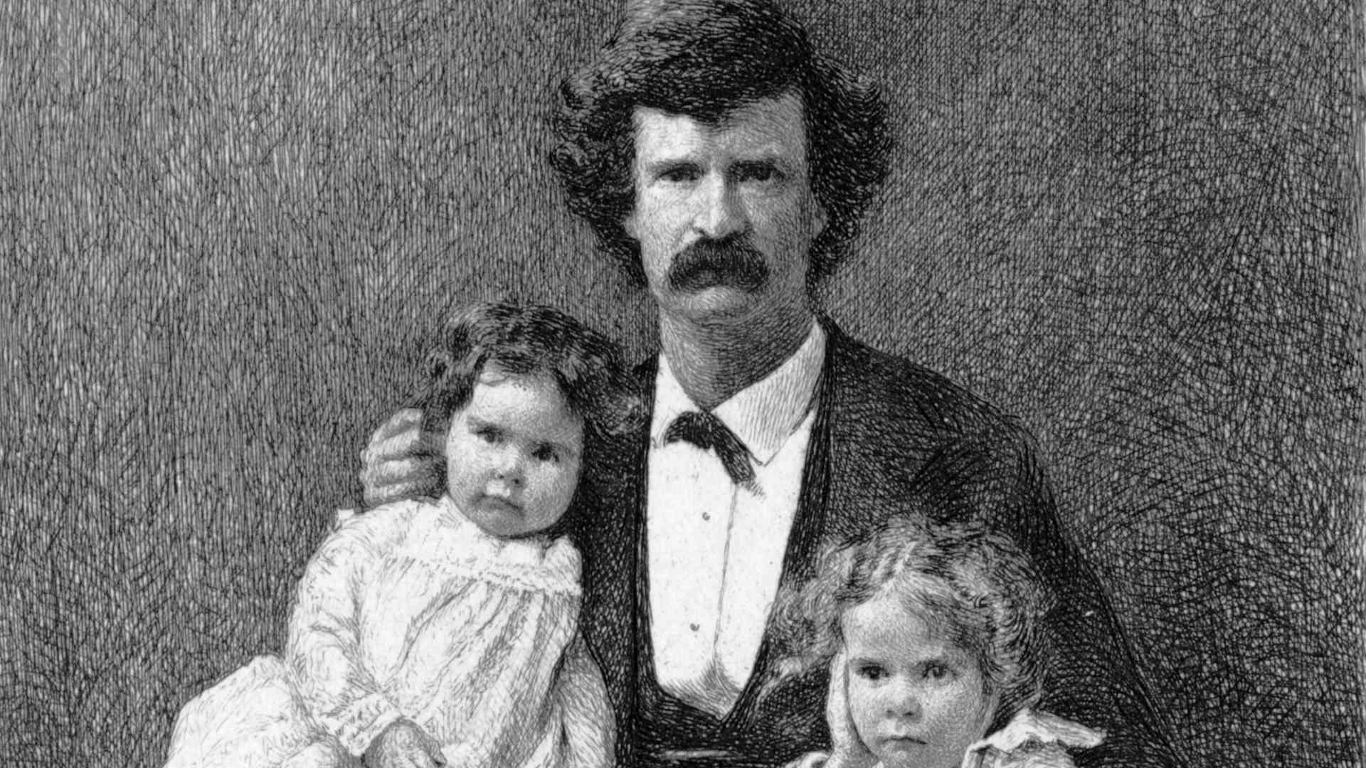 Samuel Clemens Holding Daughters/Etching