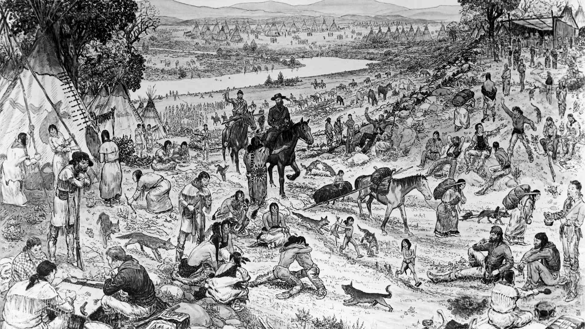 Trappers, traders and Native Americans gathering for the annual rendezvous. Undated drawing.