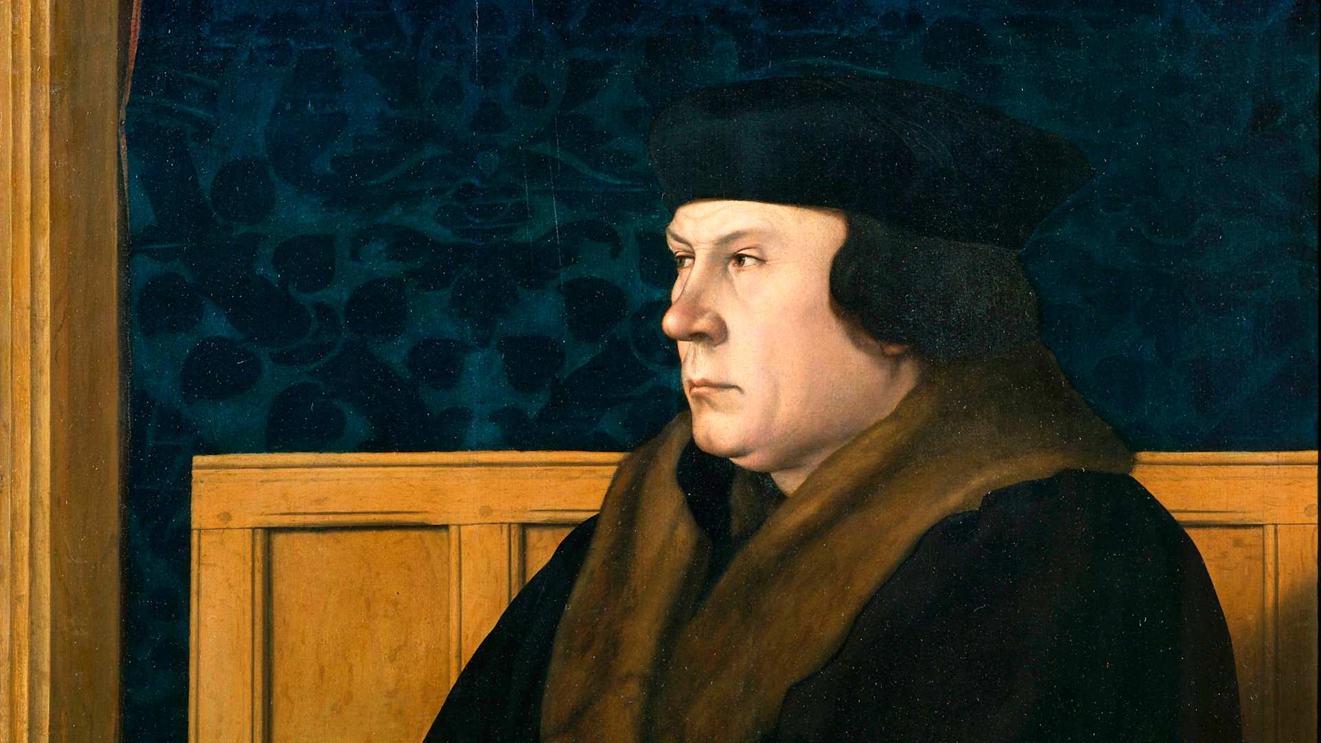 Side view portrait of Thomas Cromwell seated, wearing Tudor garb, oil painting by Hans Holbein the Younger