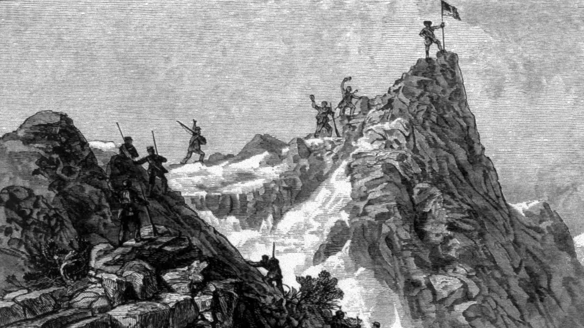 A dramatic black and white illustration depicting a group of figures climbing a treacherous, snow-covered mountain peak, with steep cliffs and rocky outcroppings in the background.