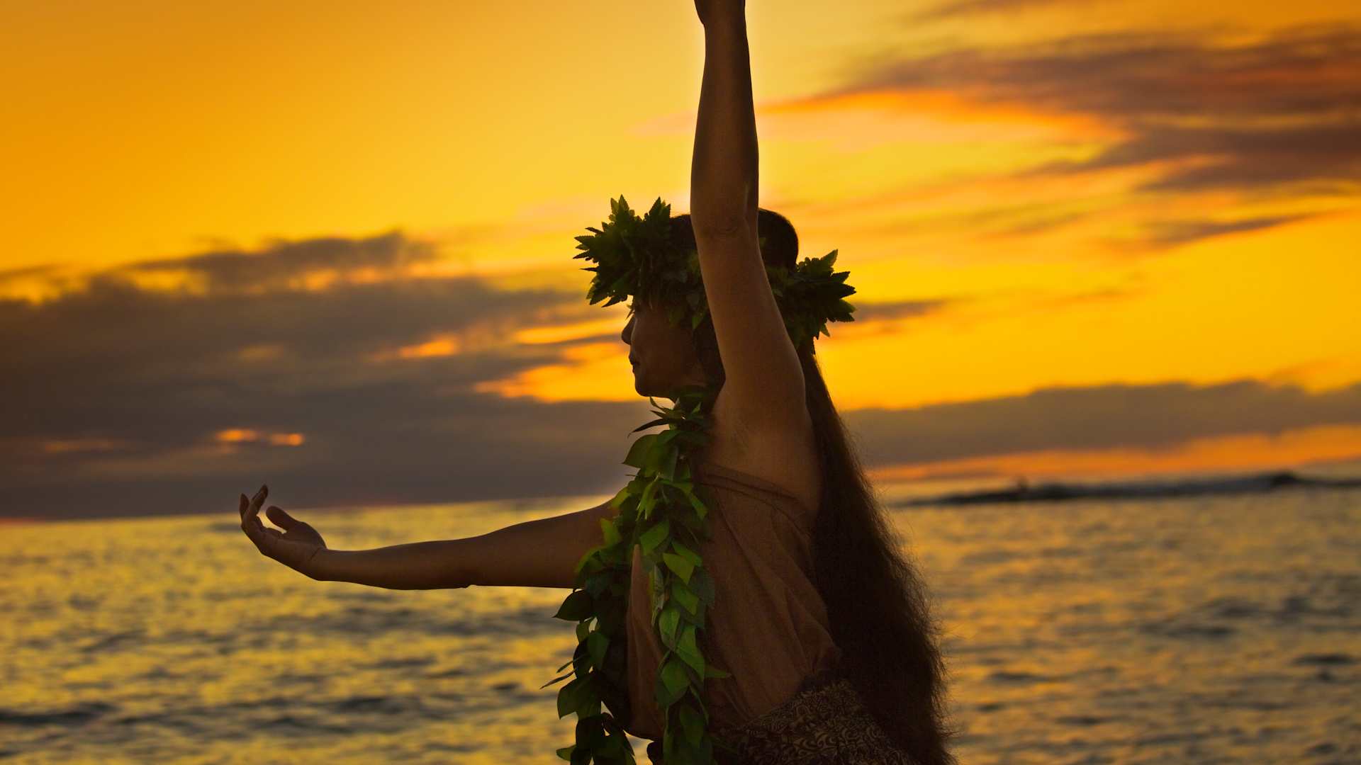 Portrait of Hawaiian Hula Dancer on the Beach at Sunset