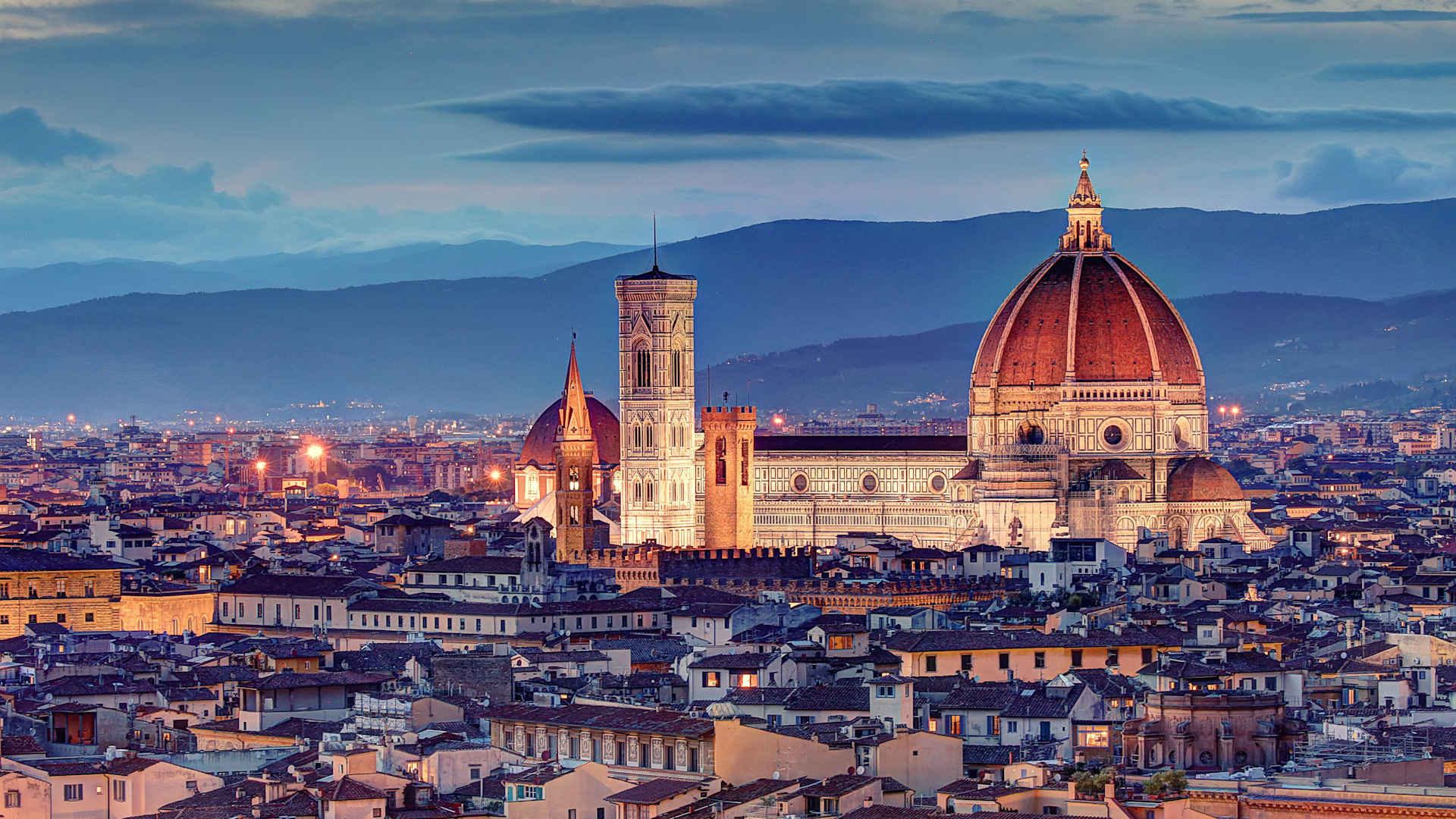 Florence Cathedral lit from below after the sunset