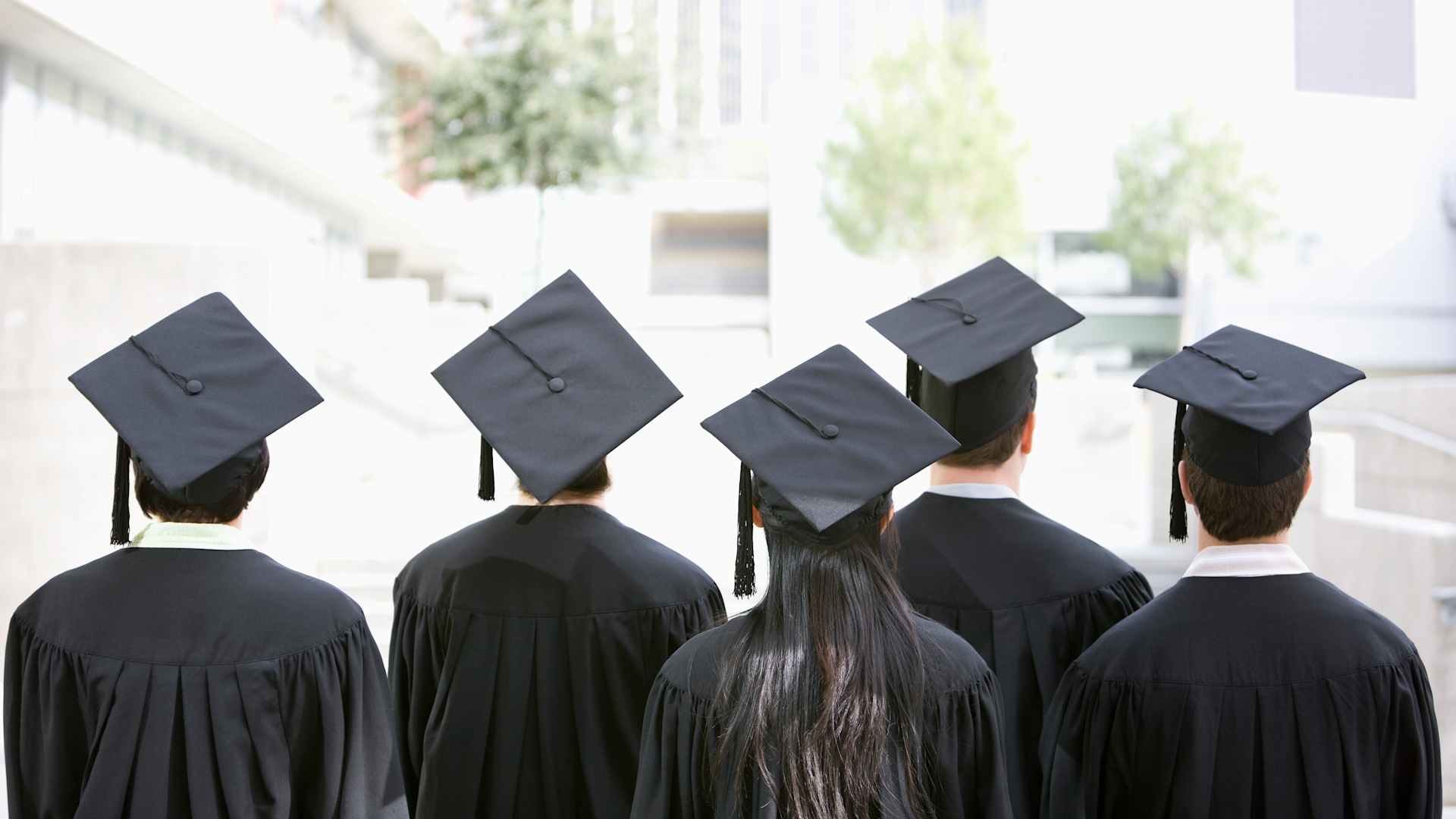 Rear view of graduates in caps and gowns