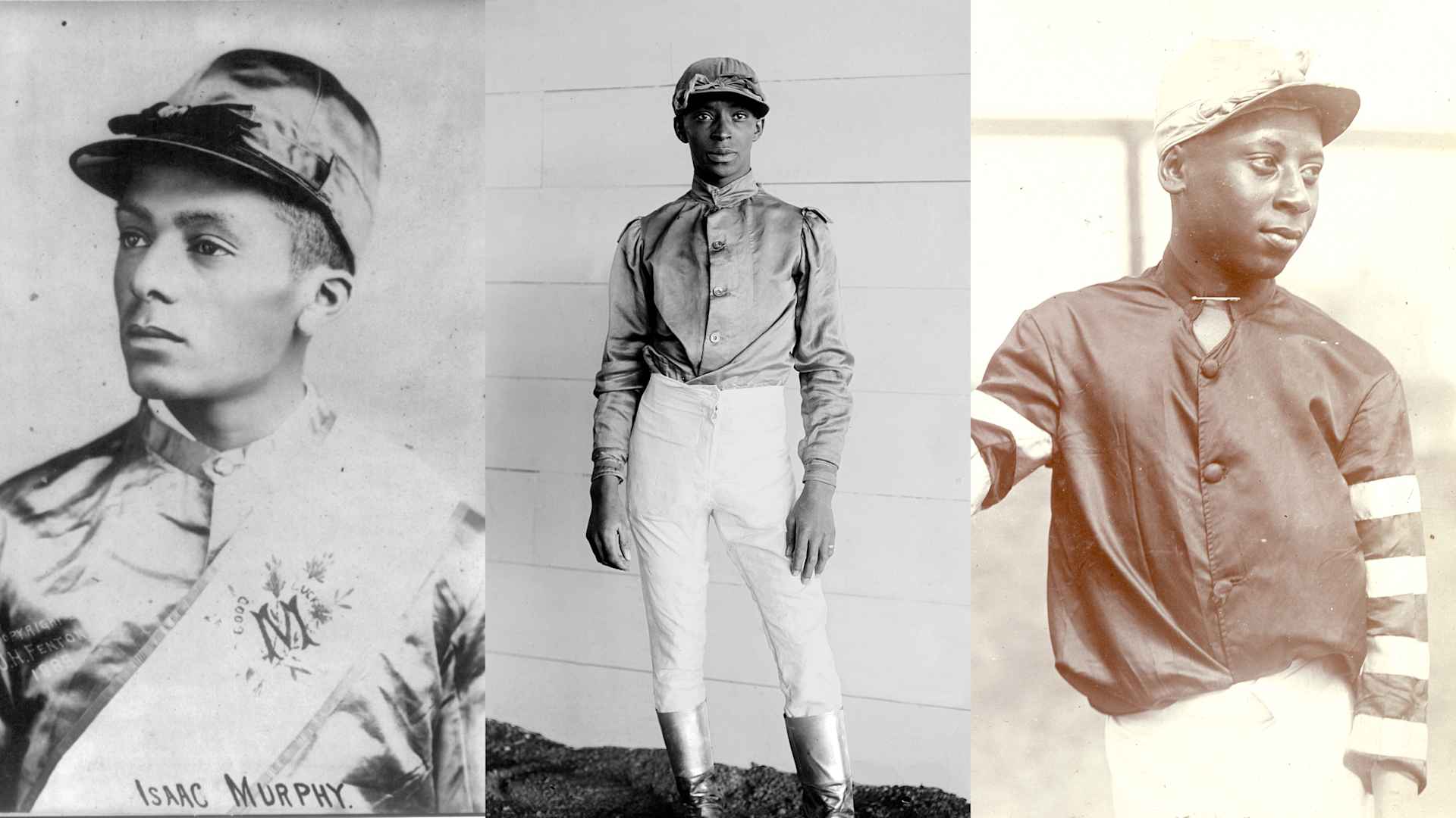 L: Portrait of Isaac Murphy in jockey uniform; C: James Winkfield; R: jockey Jimmy Lee