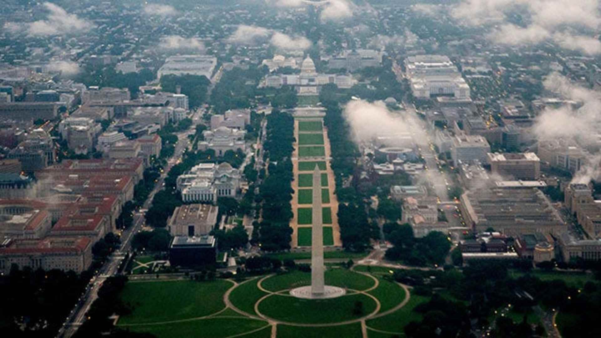 Aerial view of the U.S. Capitol and Washington Monument in Washington, D.C.,