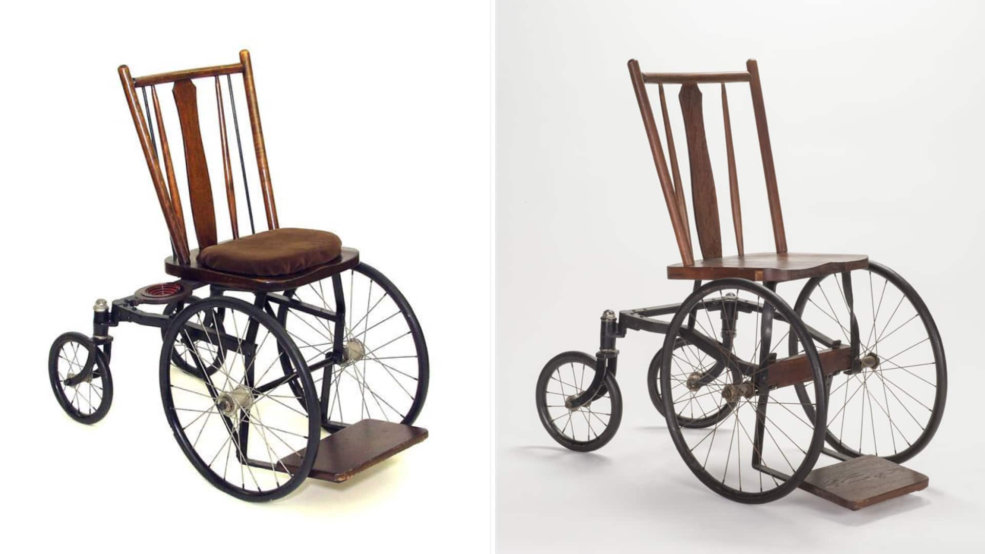 The image shows a wooden wheelchair with a cushioned seat and backrest, featuring a sturdy frame and large wheels.