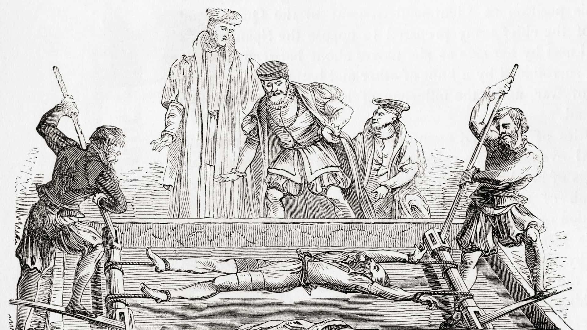 A black-and-white engraving of a man stretched out on the bed of a torture device