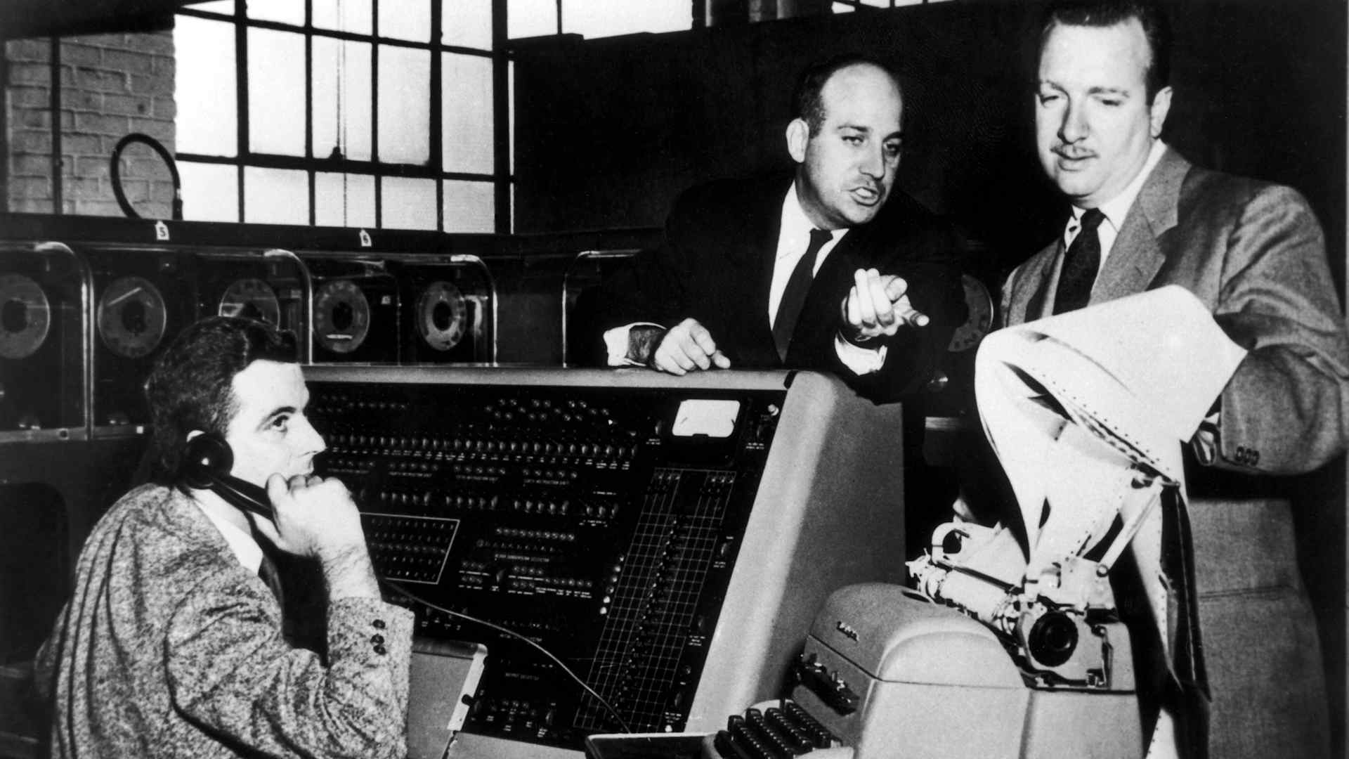 CBS's Presper Eckert and Walter Cronkite, Election Night, 1952.
