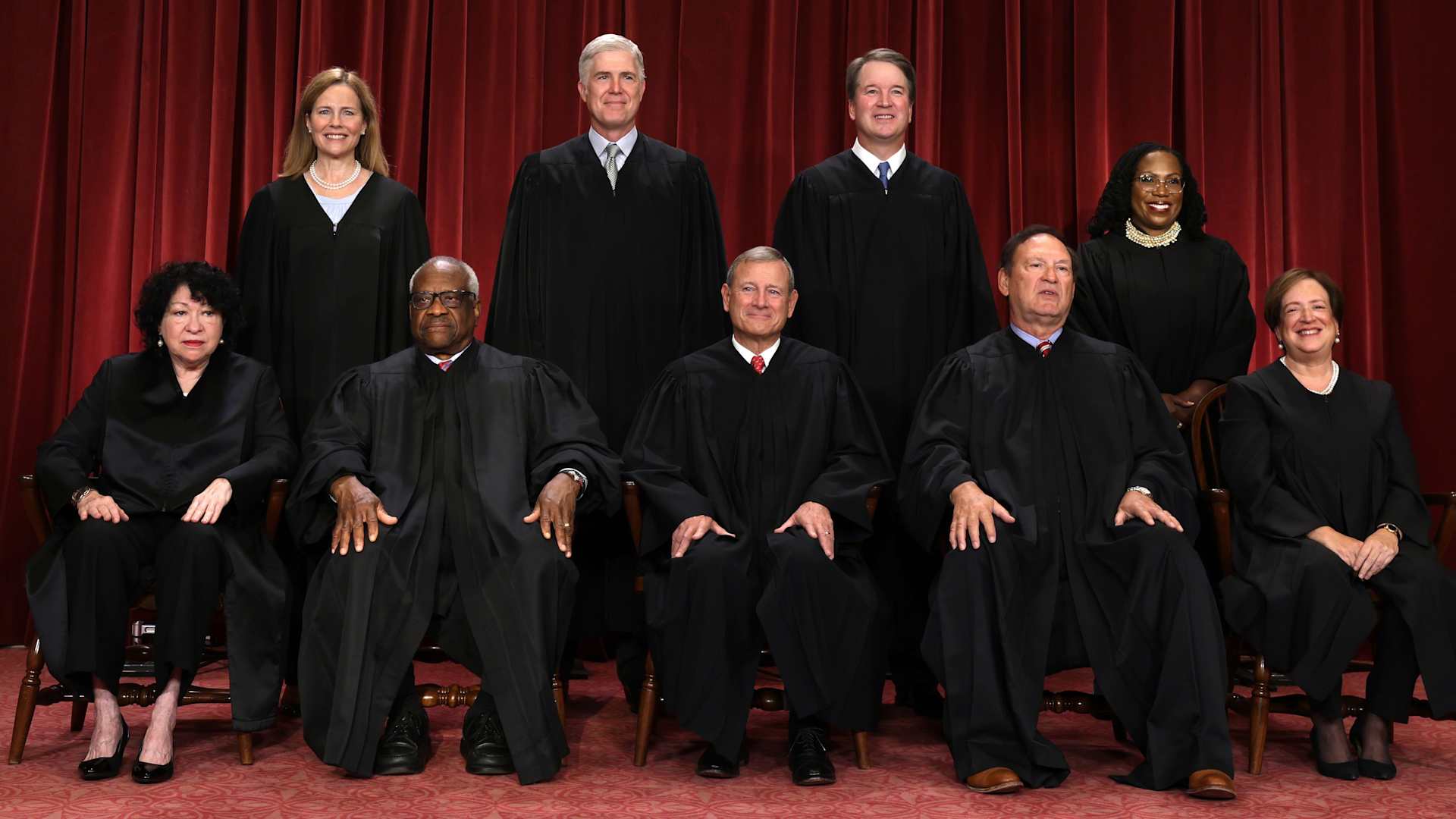 United States Supreme Court (front row L-R) Associate Justice Sonia Sotomayor, Associate Justice Clarence Thomas, Chief Justice of the United States John Roberts, Associate Justice Samuel Alito, and Associate Justice Elena Kagan, (back row L-R) Associate Justice Amy Coney Barrett, Associate Justice Neil Gorsuch, Associate Justice Brett Kavanaugh and Associate Justice Ketanji Brown Jackson pose for their official portrait at the East Conference Room of the Supreme Court building on October 7, 2022, in Washington, DC.