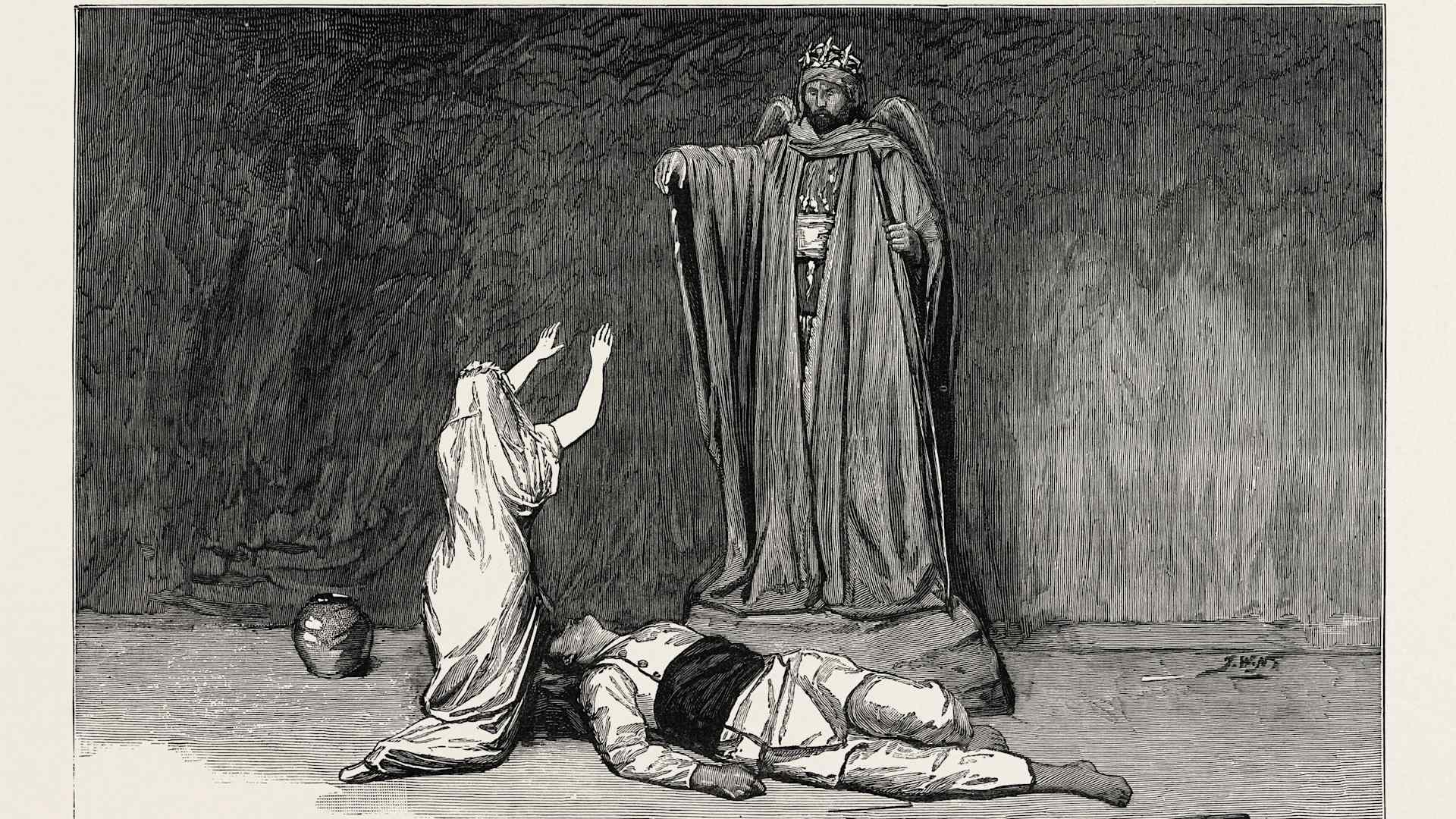 Shadowy black and white print showing the back of a kneeling woman reaching up toward a tall robed god, with a dead man lying on the ground beside her