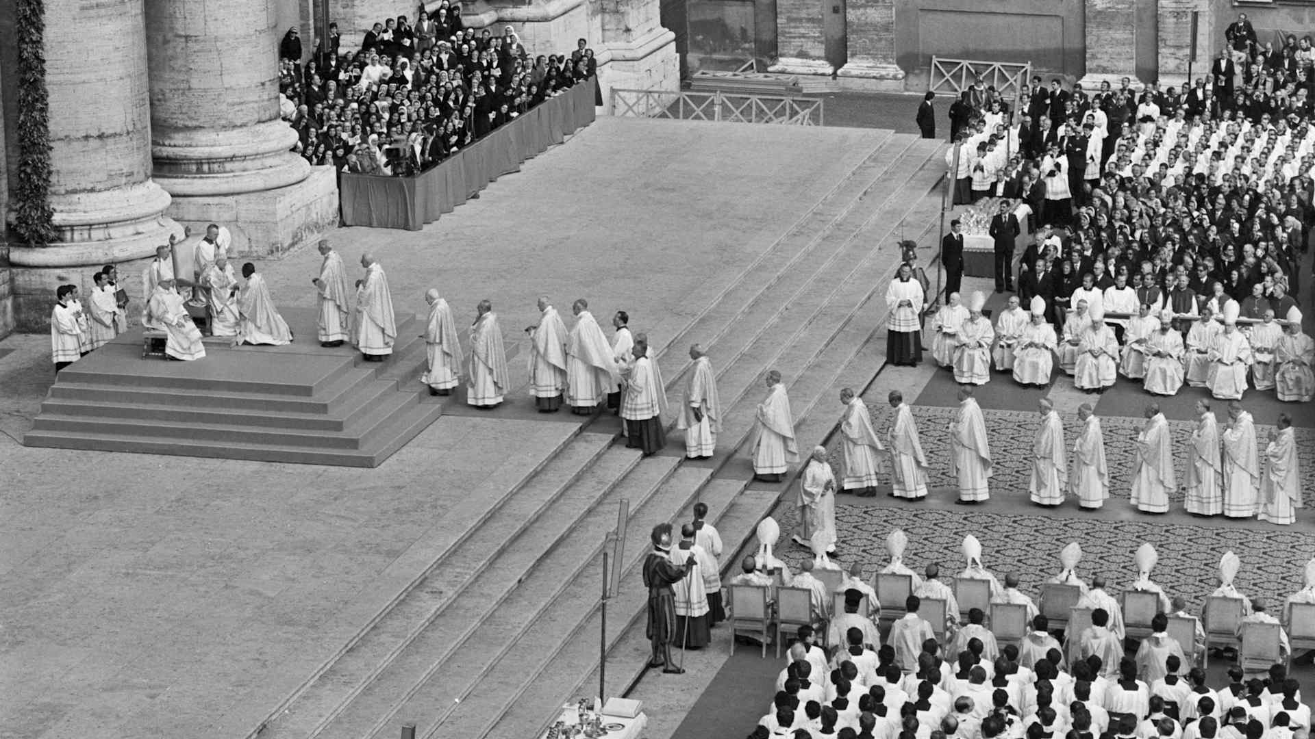 Aerial View Of People Lined Up At Church