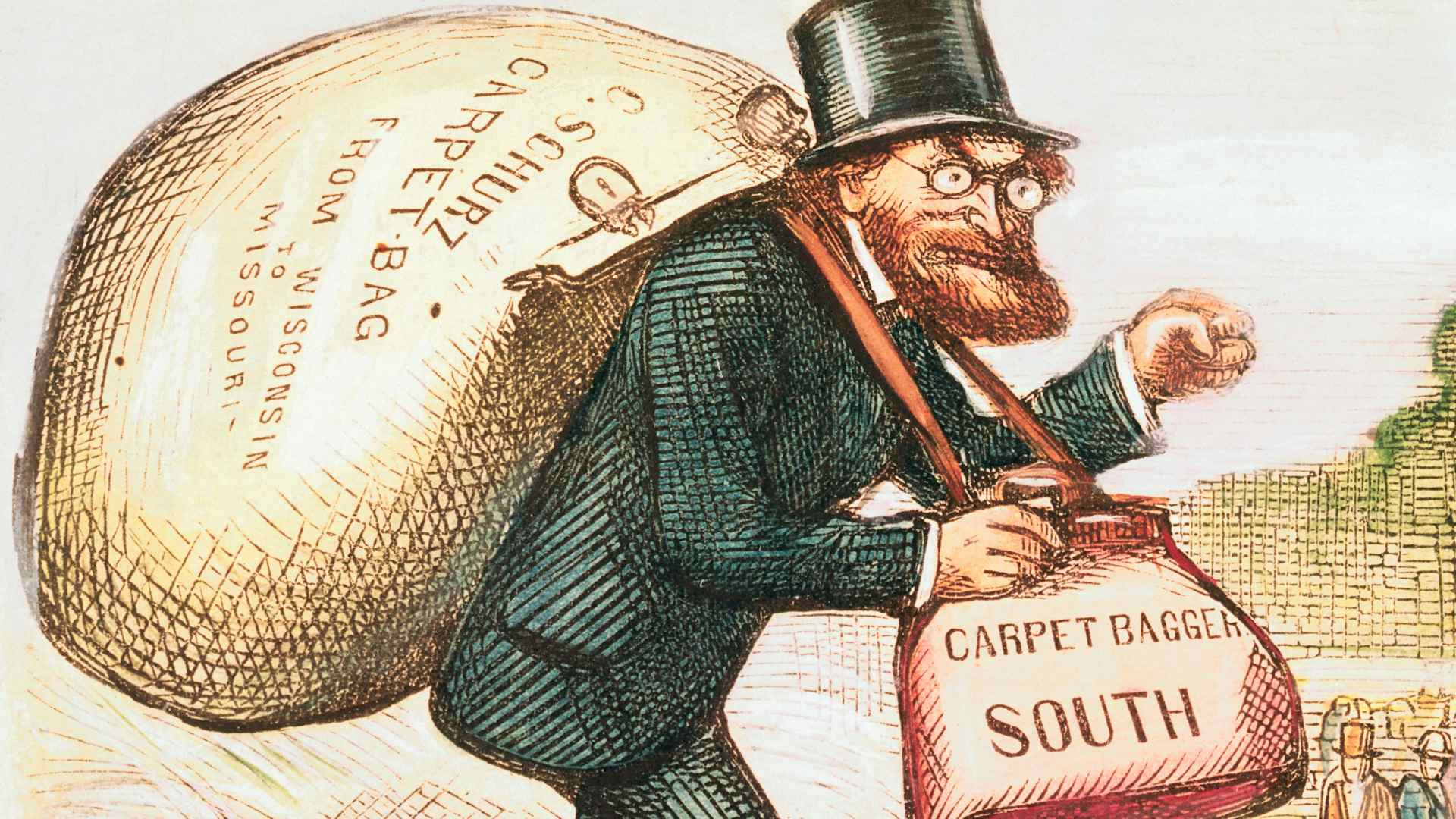 1872 Harper's Weekly political cartoon of Carl Schurz depicted as a carpetbagger, which reflected Southern attitudes toward Northerners during Reconstruction.