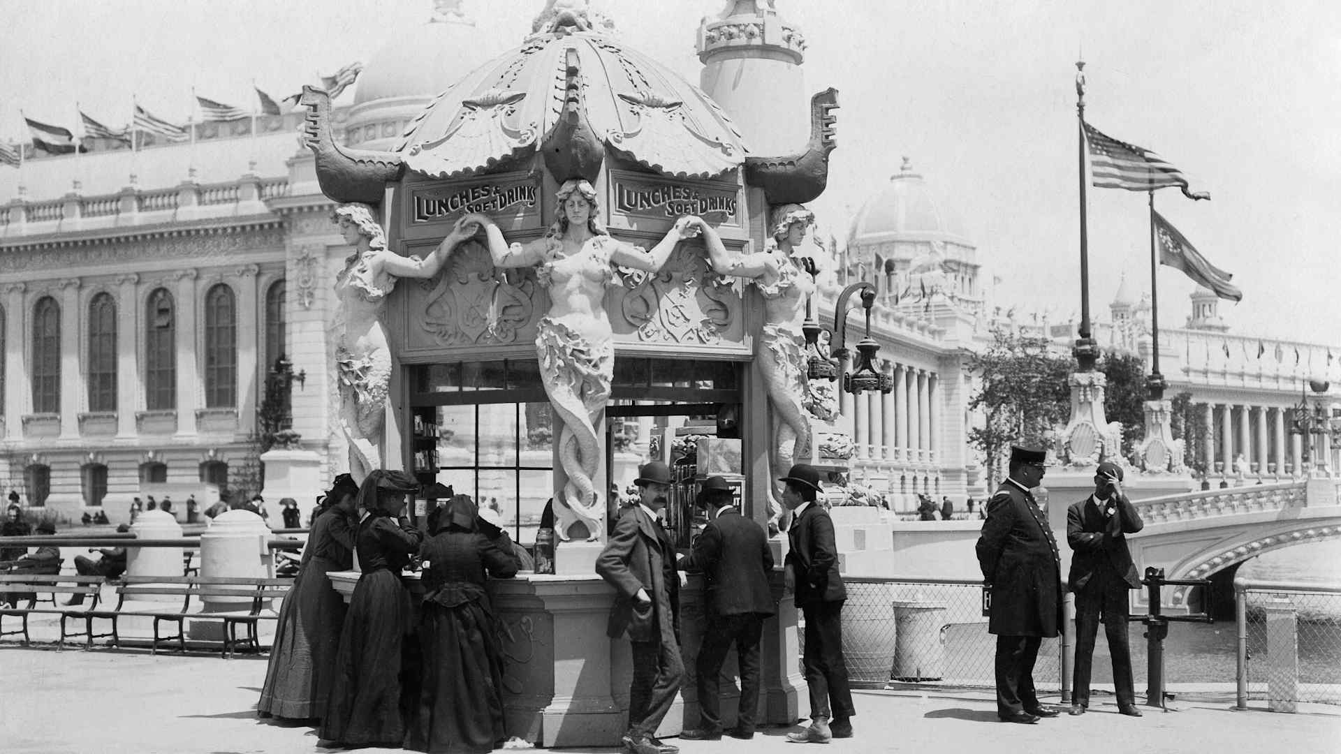 People in 1904 standing outside a refreshment stand