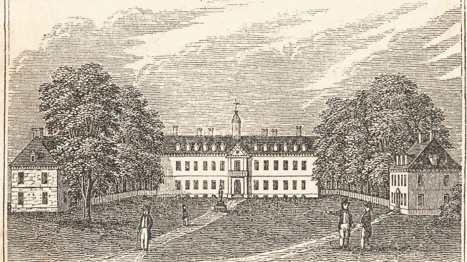 Black and white engraving showing a grassy quadrangle surrounded by colonial-era buildings, with a small handful of top-hatted colonial students traversing the area.