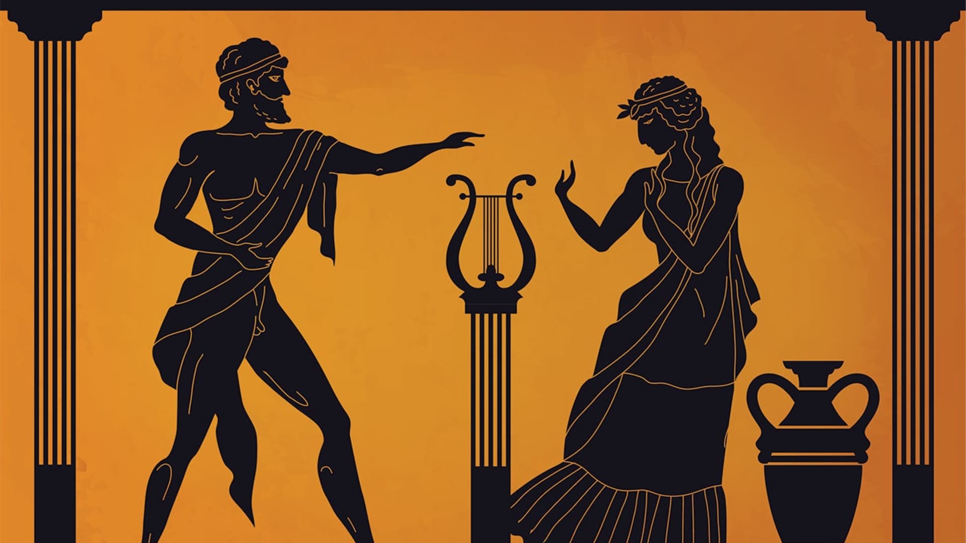 Ancient Greece scene. Antic vase with silhouettes of mythology characters and gods, Vector legendary Greek people mythological pattern old culture with woman and man in toga with lyre and amphora.
