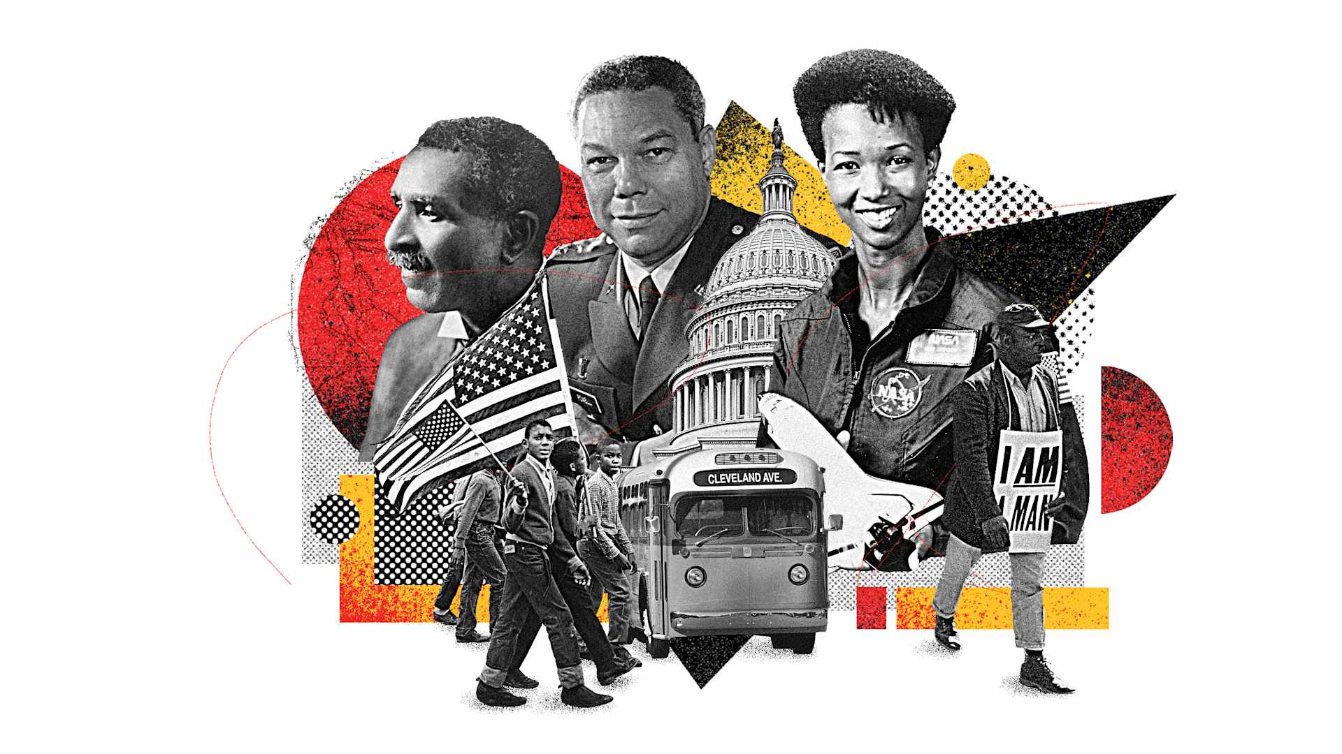 Graphic collage of Black History figures and events for History.com