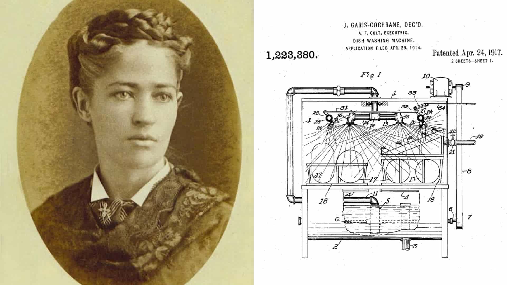 Josephine Garis Cochran as a young woman (left), a patent for Cochran's washing machine invention (right).