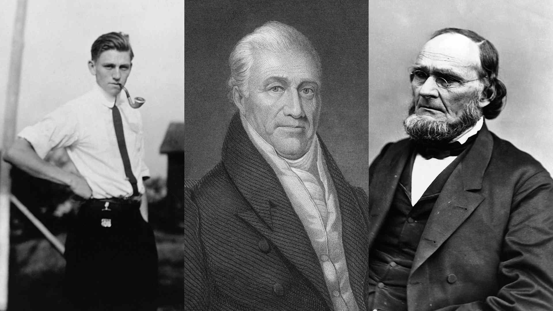 three photos, right to left, of presidents' fathers: Gerald Ford Sr, standing outside in shirtsleeves, smoking a pipe; Benjamin Pierce, looking distinguished in a waistcoat and vest; and Jesse Grant, bearded with small round glasses
