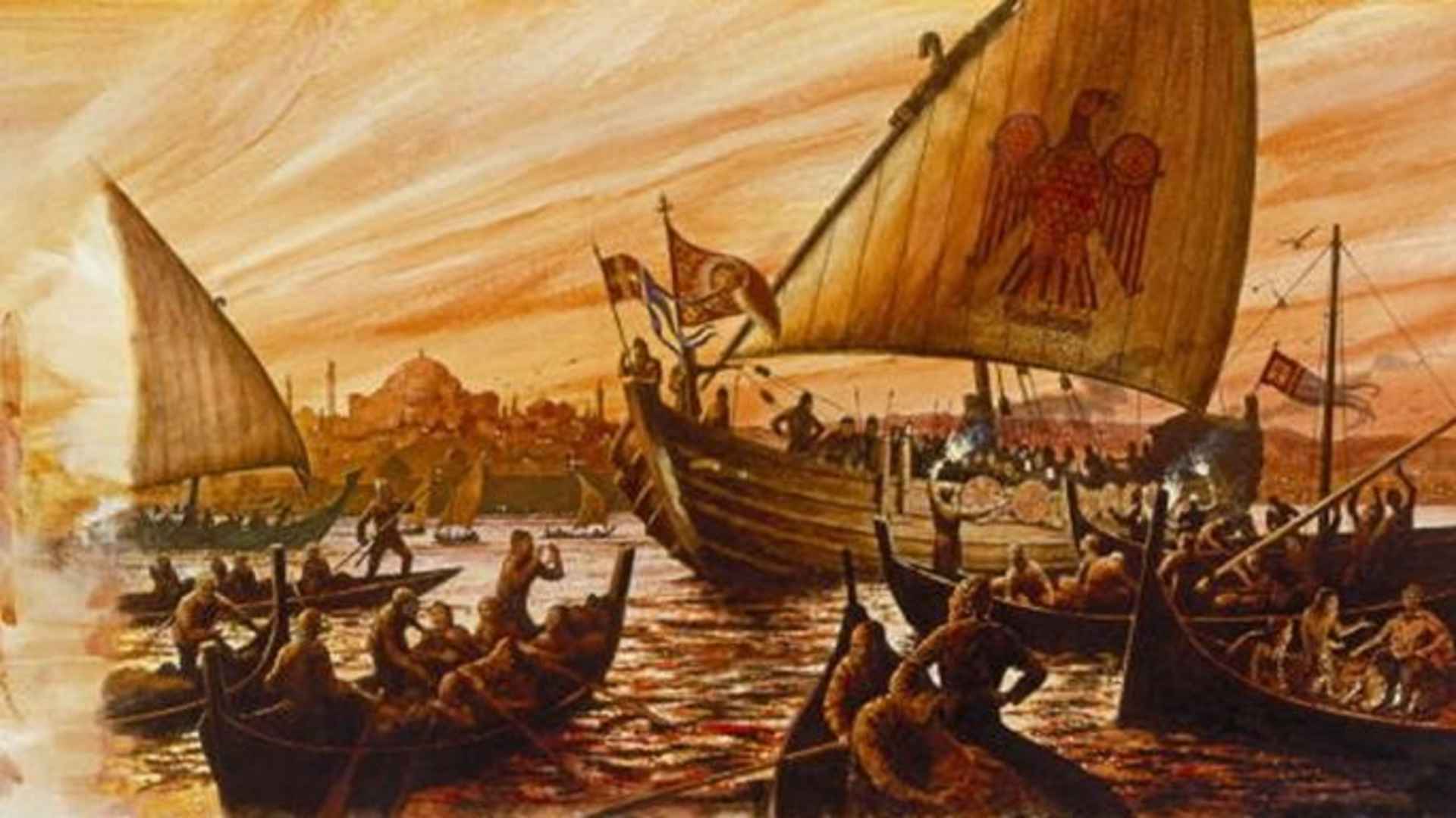 A Viking ship is approached by Byzantines at Constantinople.