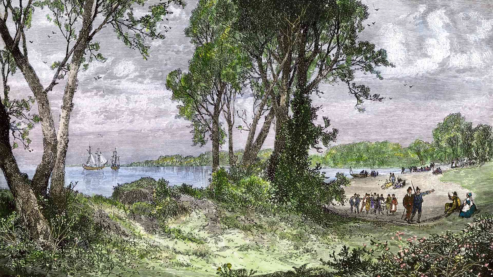 Swedish colonists landing on the Atlantic shores of Delaware during the 1600s.