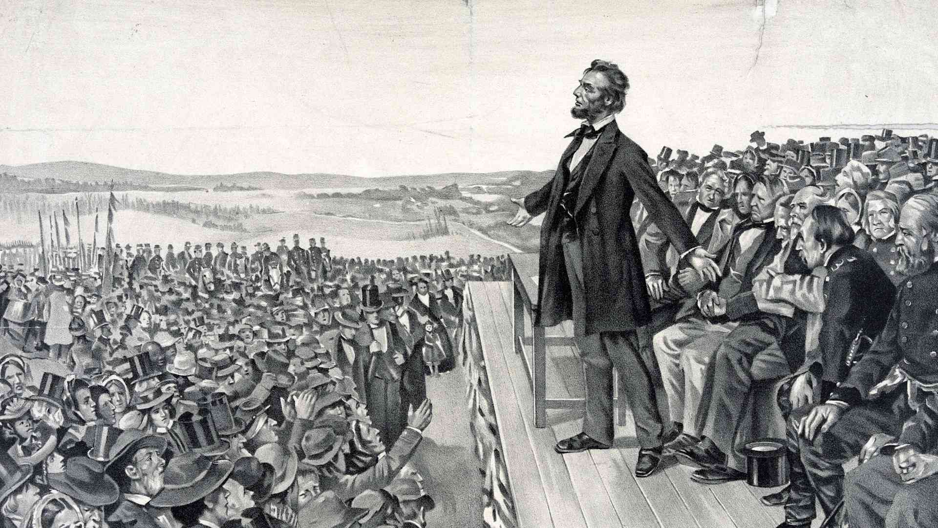 Abraham Lincoln making his famous address.Abraham Lincoln making his famous address on 19 November 1863 at the dedication of the Soldiers' National Cemetery at Gettysburg on the site of the American Civil War battle with the greatest number of casualties. Lithograph. (Photo by: Photo12/Universal Images Group via Getty Images)