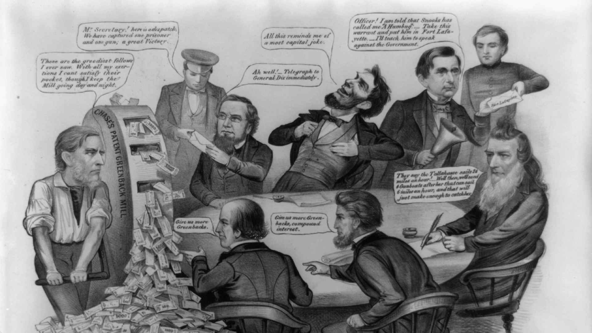 Running the 'Machine' 1864. (clockwise from top left) Edwin McMasters Stanton, Abraham Lincoln, secretary of state William H. Seward, Navy secretary Gideon Welles, and two unidentified contractors. Currier and Ives