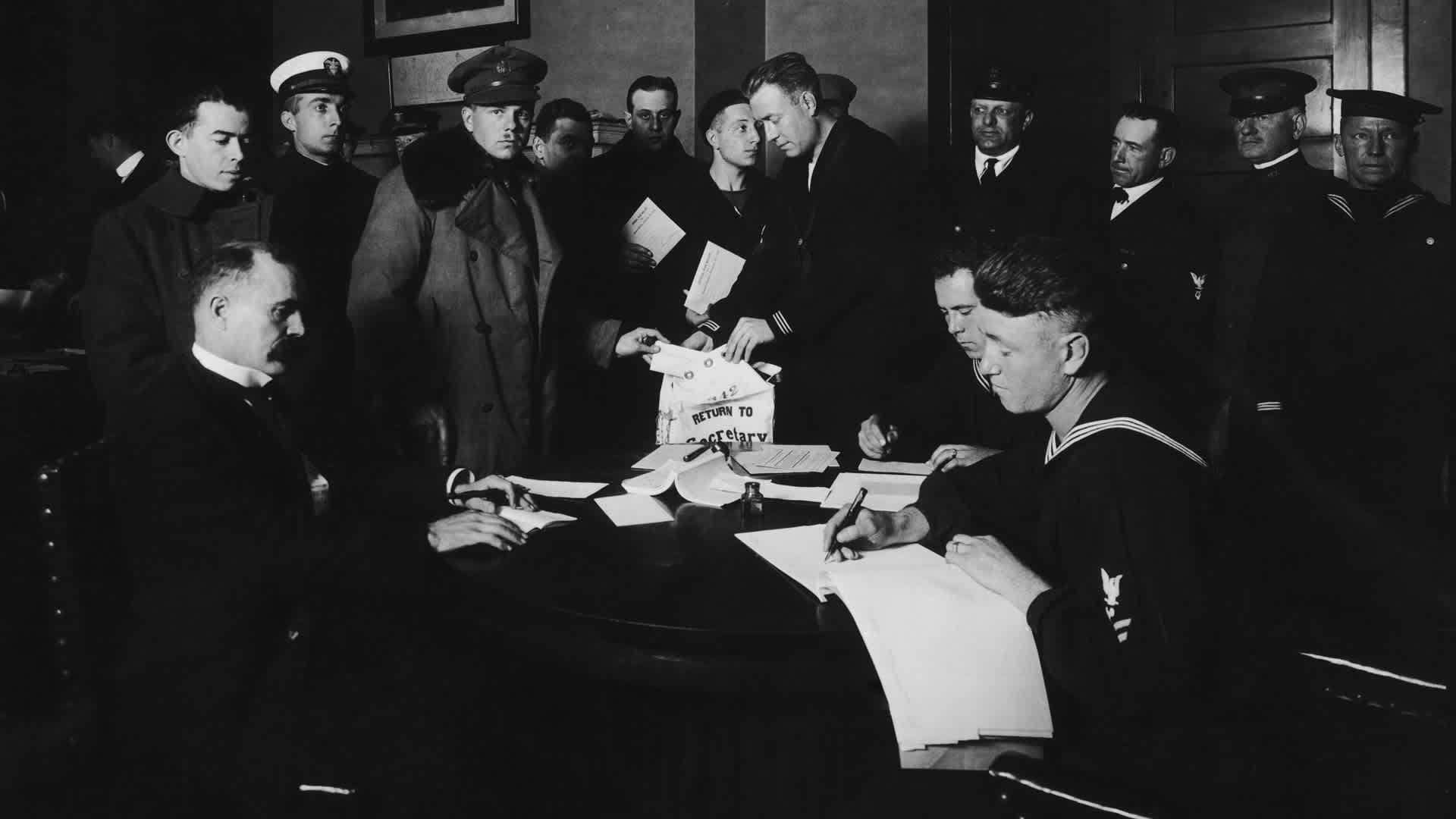 US soldiers and sailors in New York City cast their votes in the 1918 General Election