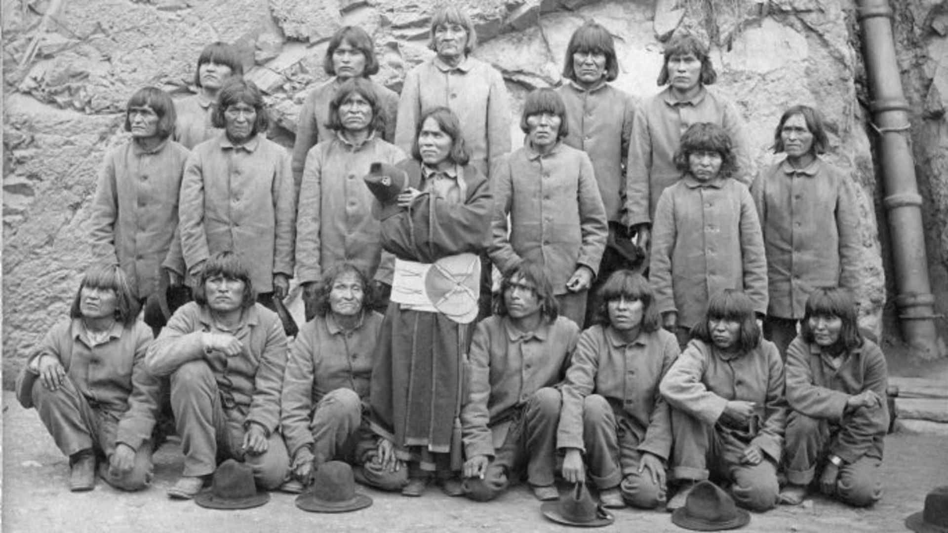Hopi men from Oraibi, Arizona sent to Alcatraz, 1895. Photograph by Isaiah W. Taber. (Credit: Mennonite Library and Archives/Bethel College, North Newton, KS)
