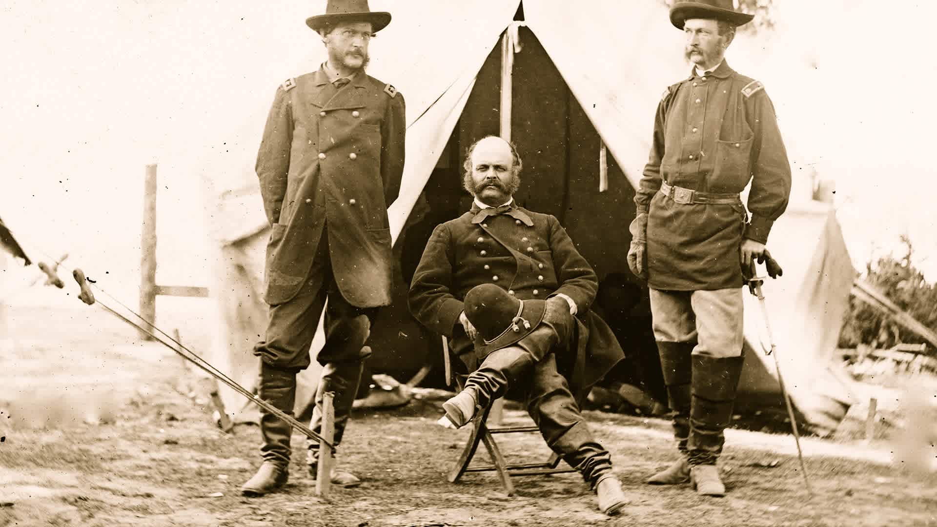 Gen. Ambrose E. Burnside (center) and staff officers, circa 1863: Warrenton, Virginia.